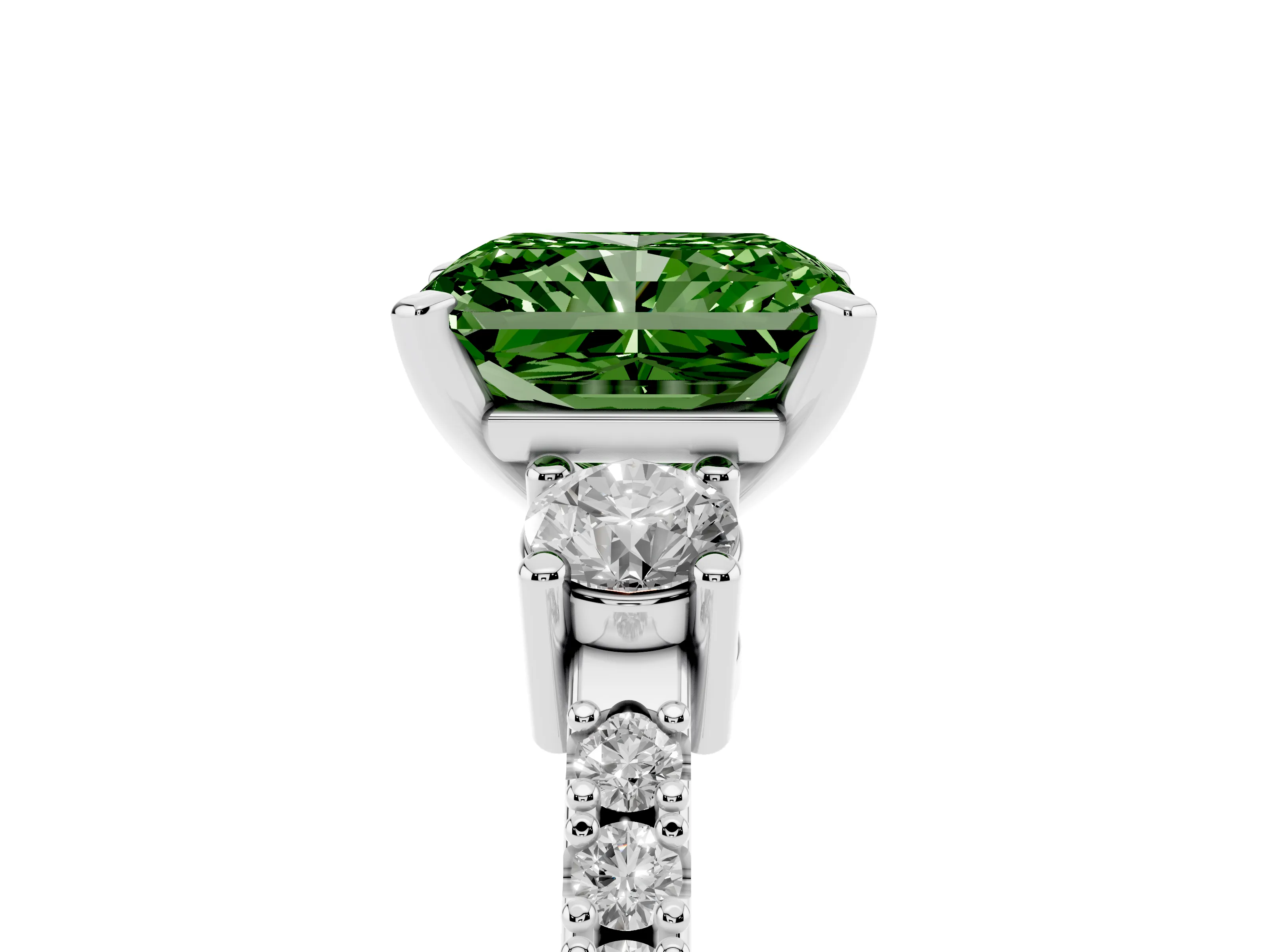 Fancy Green Three-Stone Radiant Cut Diamond Pavé Band Ring Set in White gold with Prong Setting