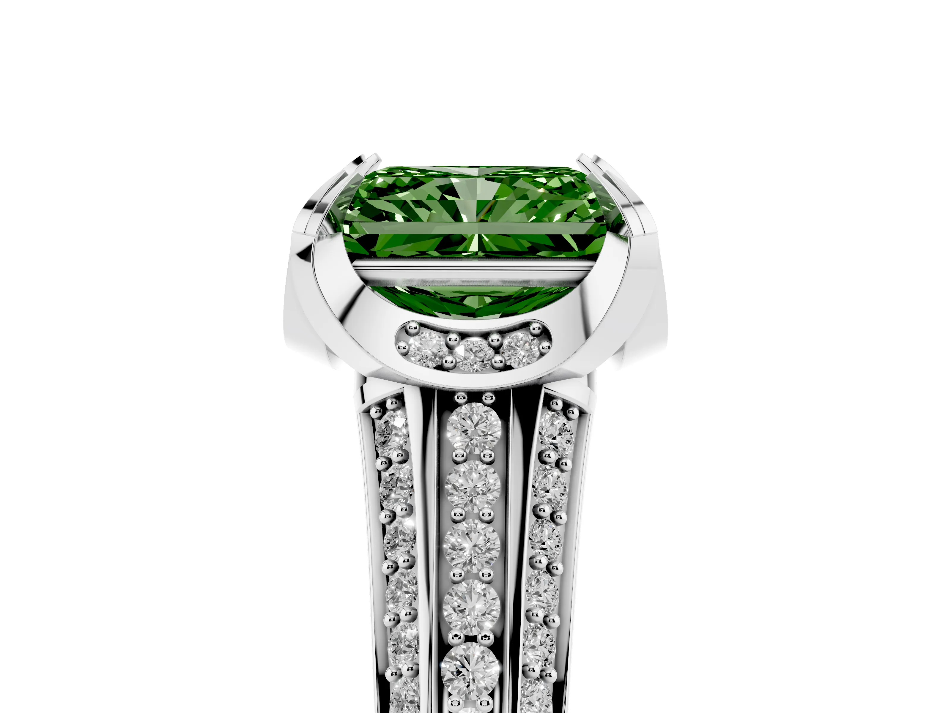 Fancy Green Radiant Cut Diamond Pavé Split Shank Solitaire Ring Set in Silver with Prong Setting