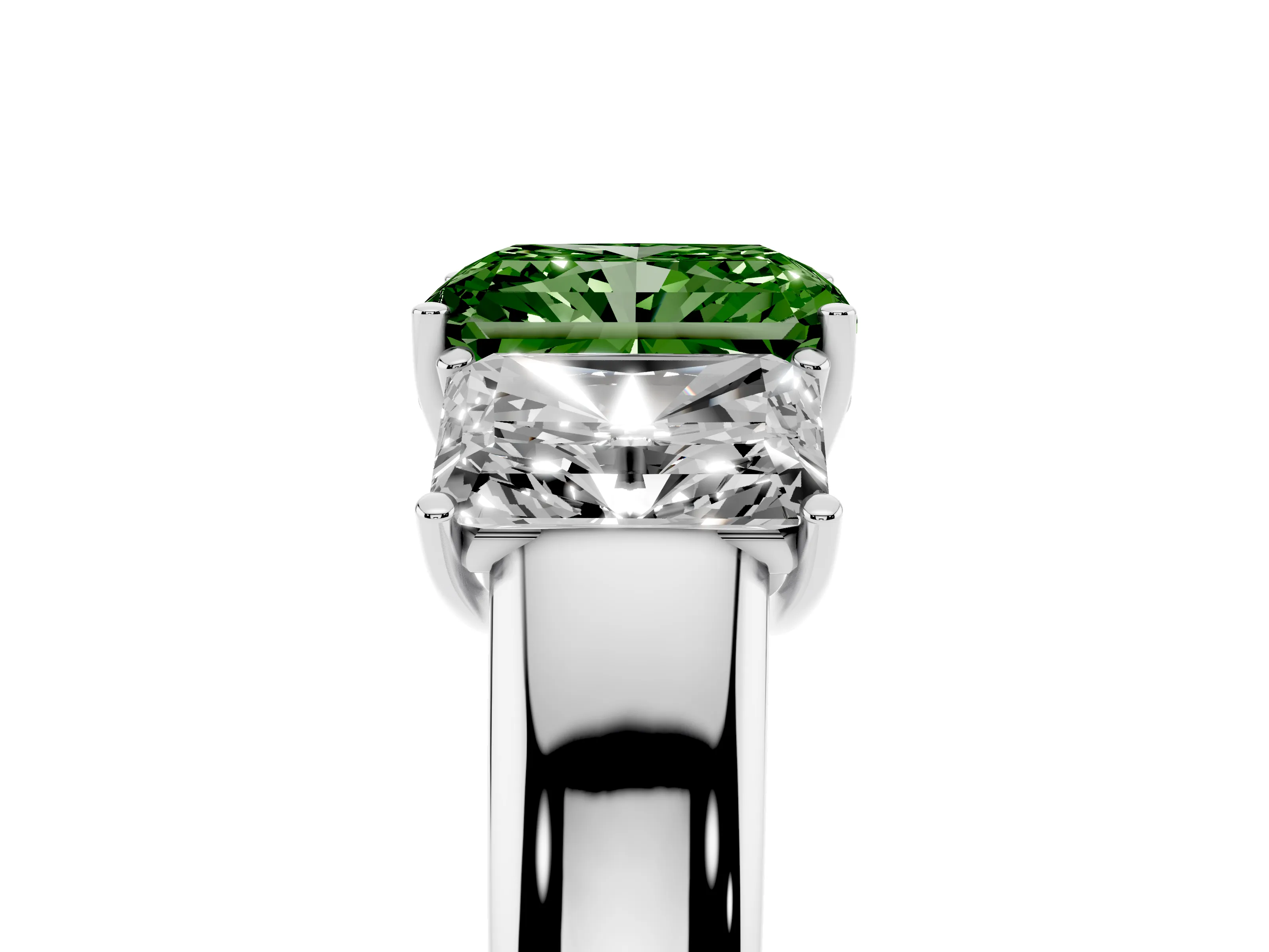 Fancy Green Three-Stone Radiant Cut Diamond Ring Set in White gold with Matching Prong Settings and Plain Band