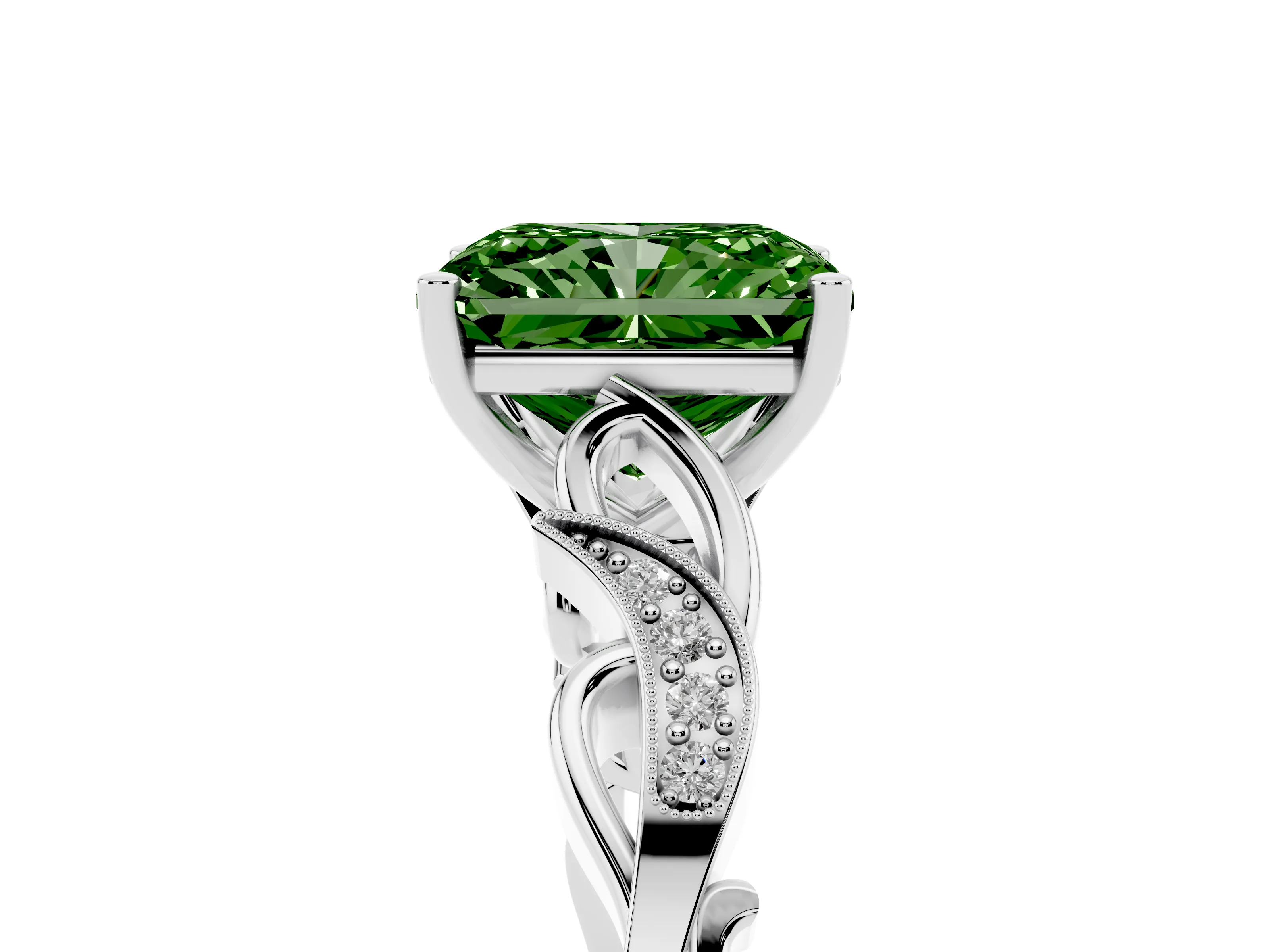 Fancy Green Radiant Cut Diamond Vine Band Solitaire Ring Set in Platinum with Milgrain Prong Setting