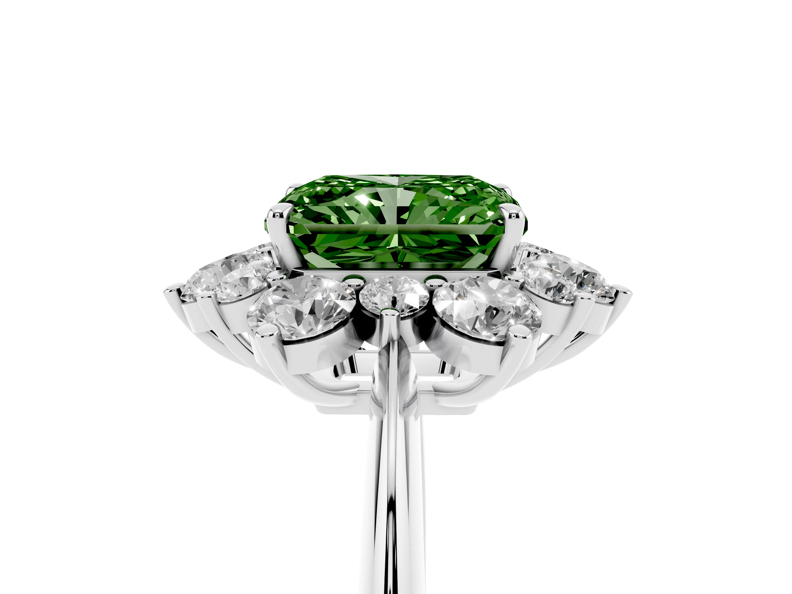 Fancy Green Radiant Cut Diamond Cluster Halo Ring Set in Silver with Solitaire Band and Prong Setting