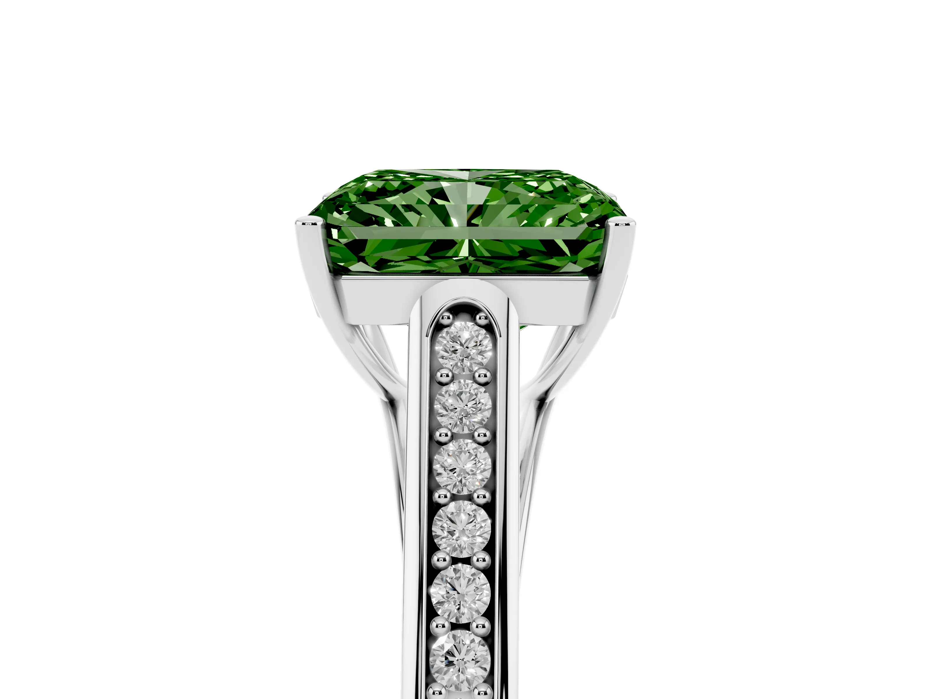 Fancy Green Radiant Cut Diamond Solitaire Cathedral Engagement Ring Set in Platinum with Channel-Set Band and Prong Setting
