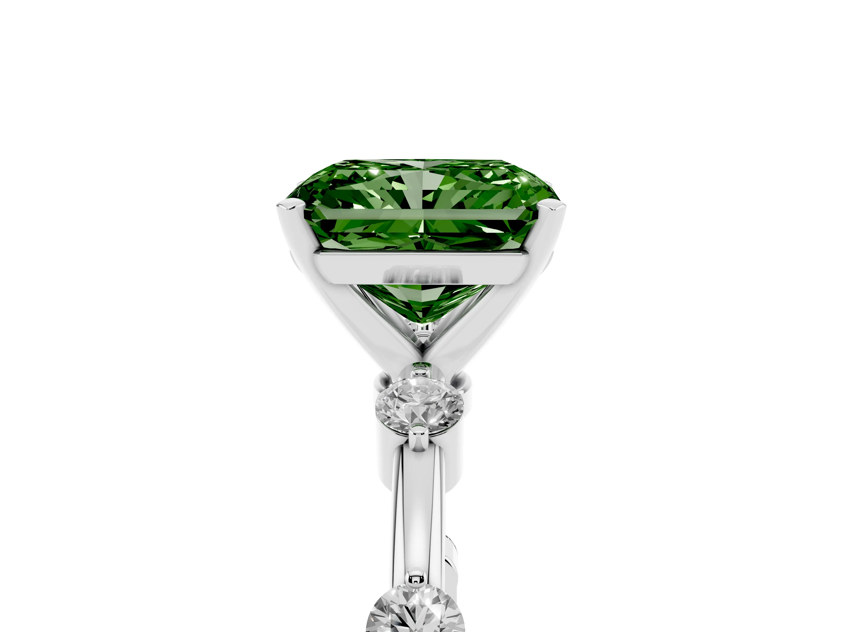 Fancy Green Radiant Cut Diamond Solitaire Ring Set in White gold with Bezel Set Side Stones and Prong Setting