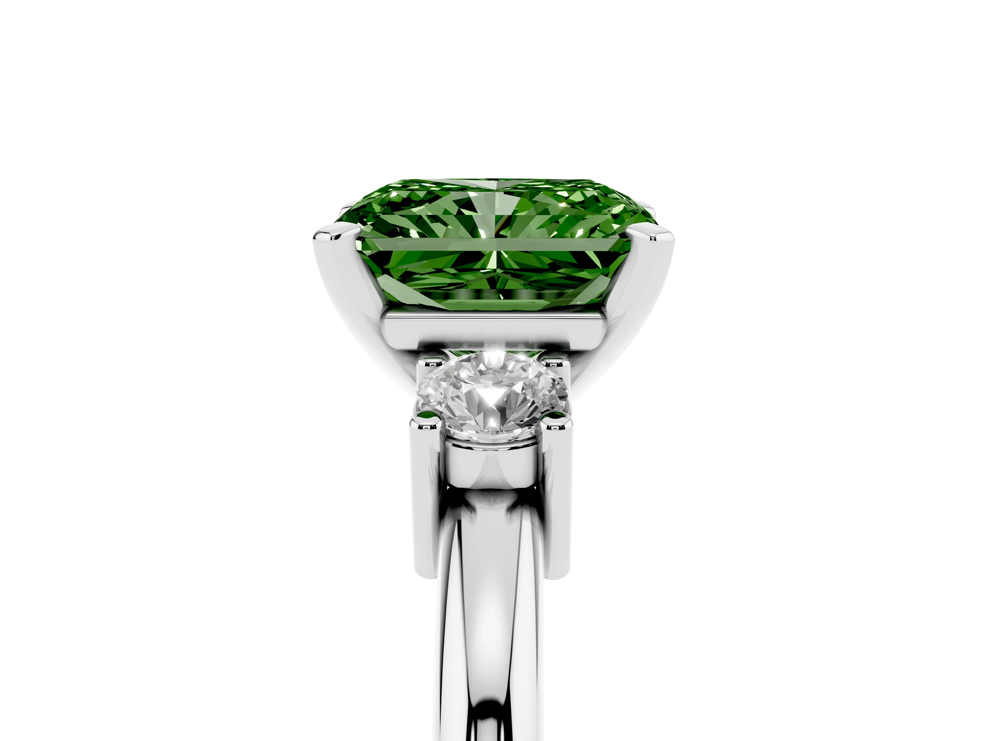Fancy Green Three-Stone Radiant Cut Diamond Ring Set in Silver with Prong Setting and Plain Band