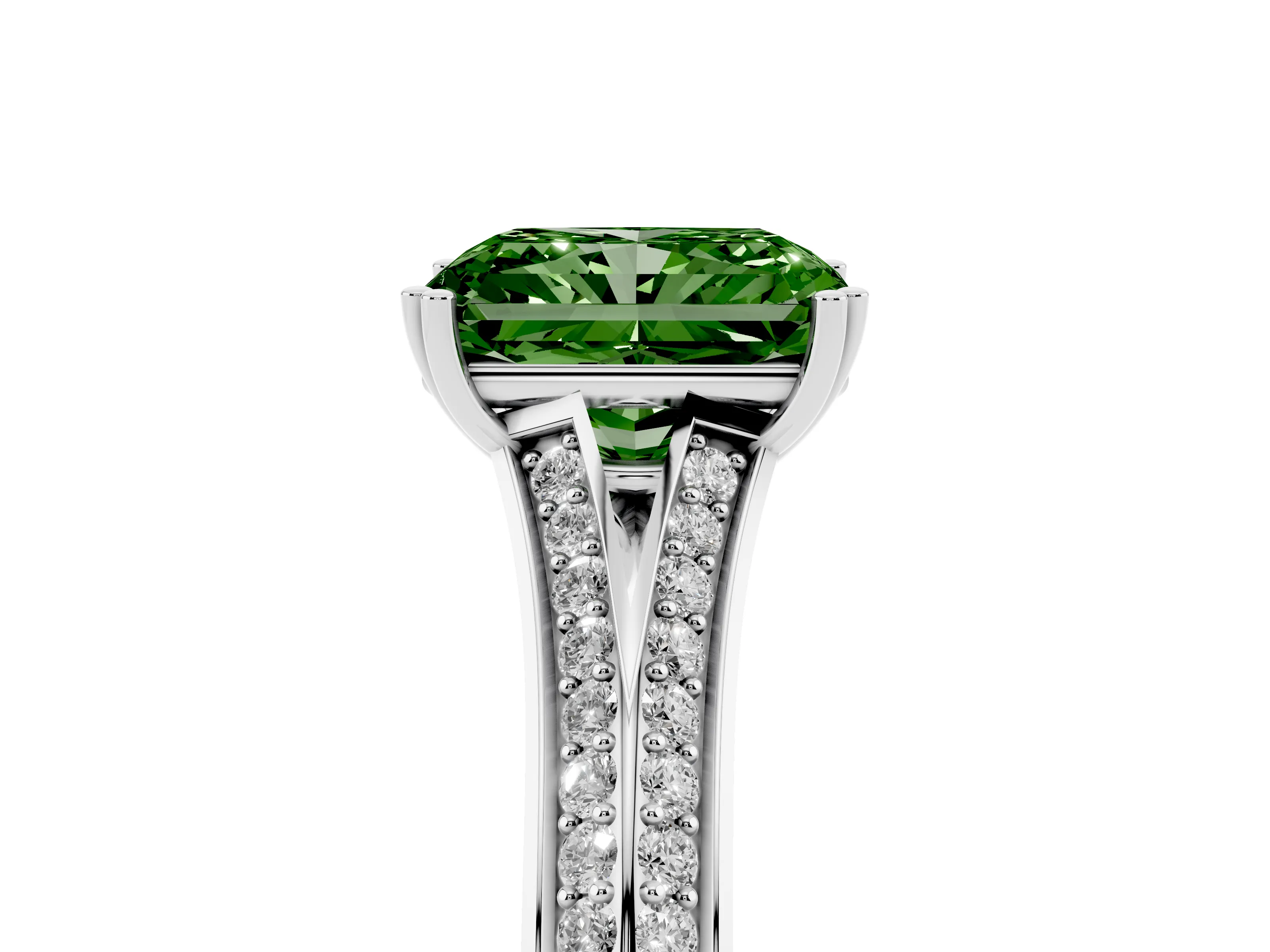 Fancy Green Radiant Cut Diamond Split Shank Pavé Engagement Ring Set in Platinum with Prong-Set Center Stone