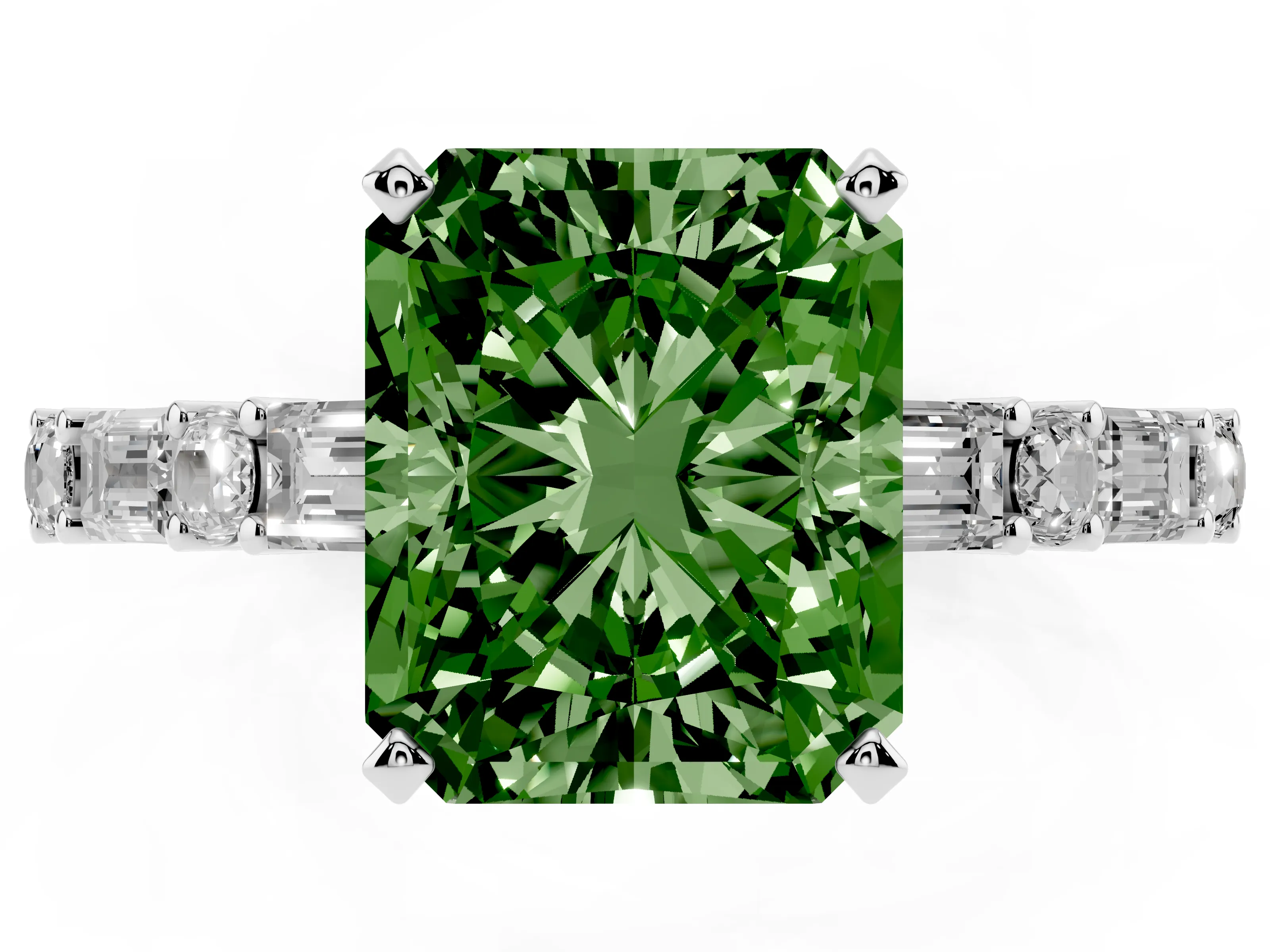 Fancy Green Radiant Cut Diamond Solitaire Set in Platinum with Side Baguettes and Channel Set Band
