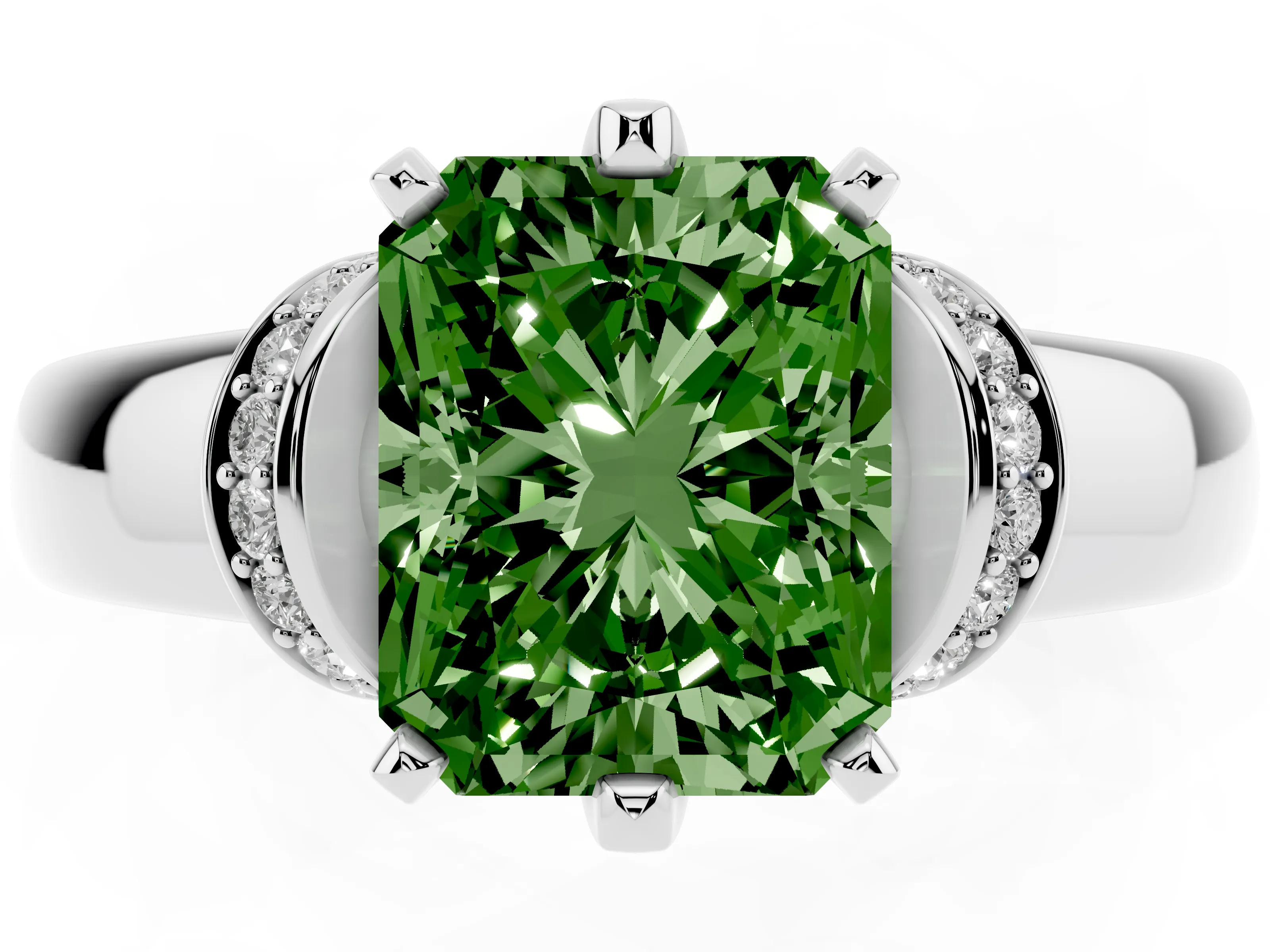 Fancy Green Radiant Cut Diamond Pavé Band Solitaire Ring Set in Platinum with Prong Setting