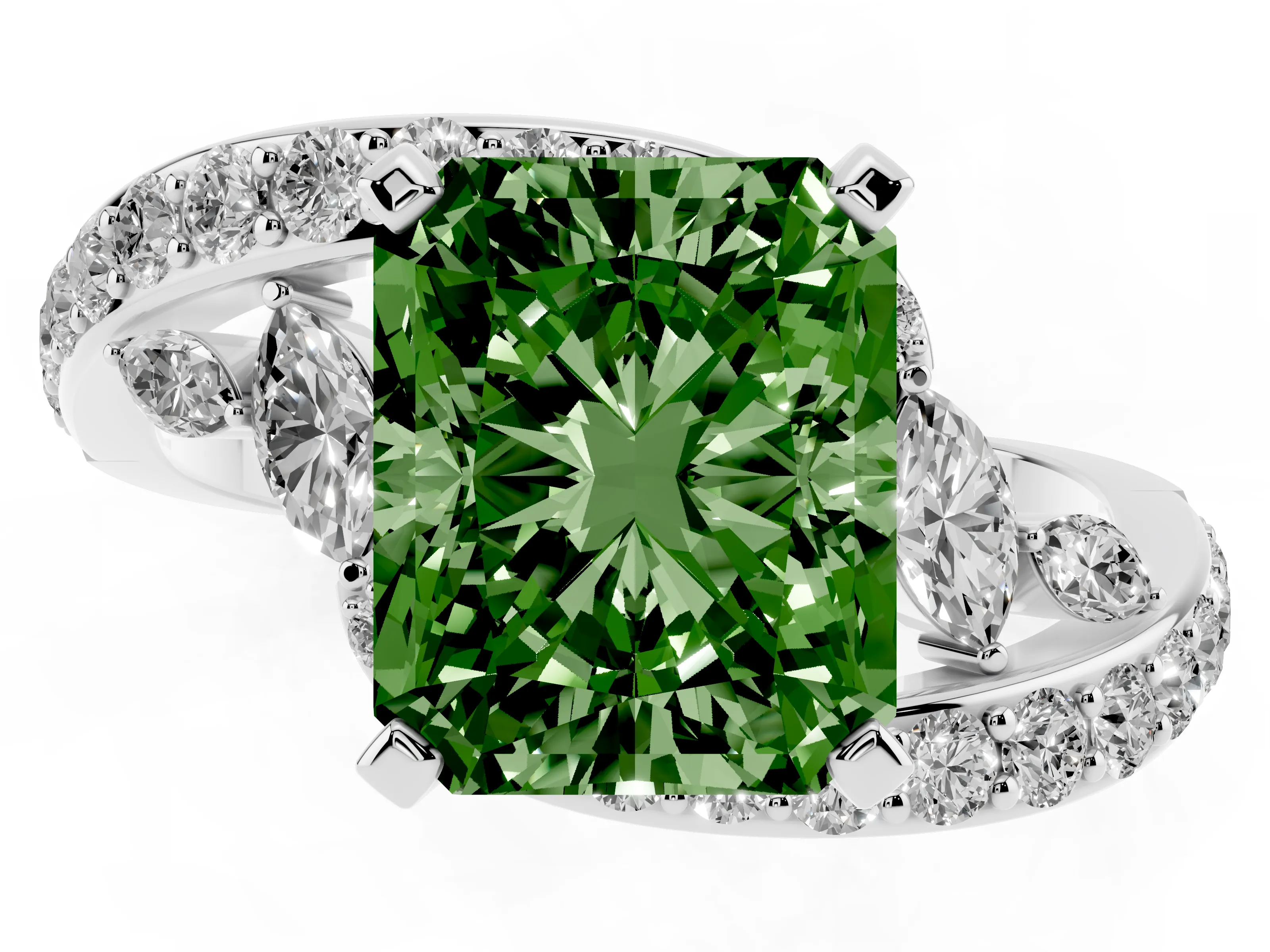 Fancy Green Radiant Cut Diamond Solitaire Ring Set in White gold with Pavé Twist Band and Secure Prong Setting