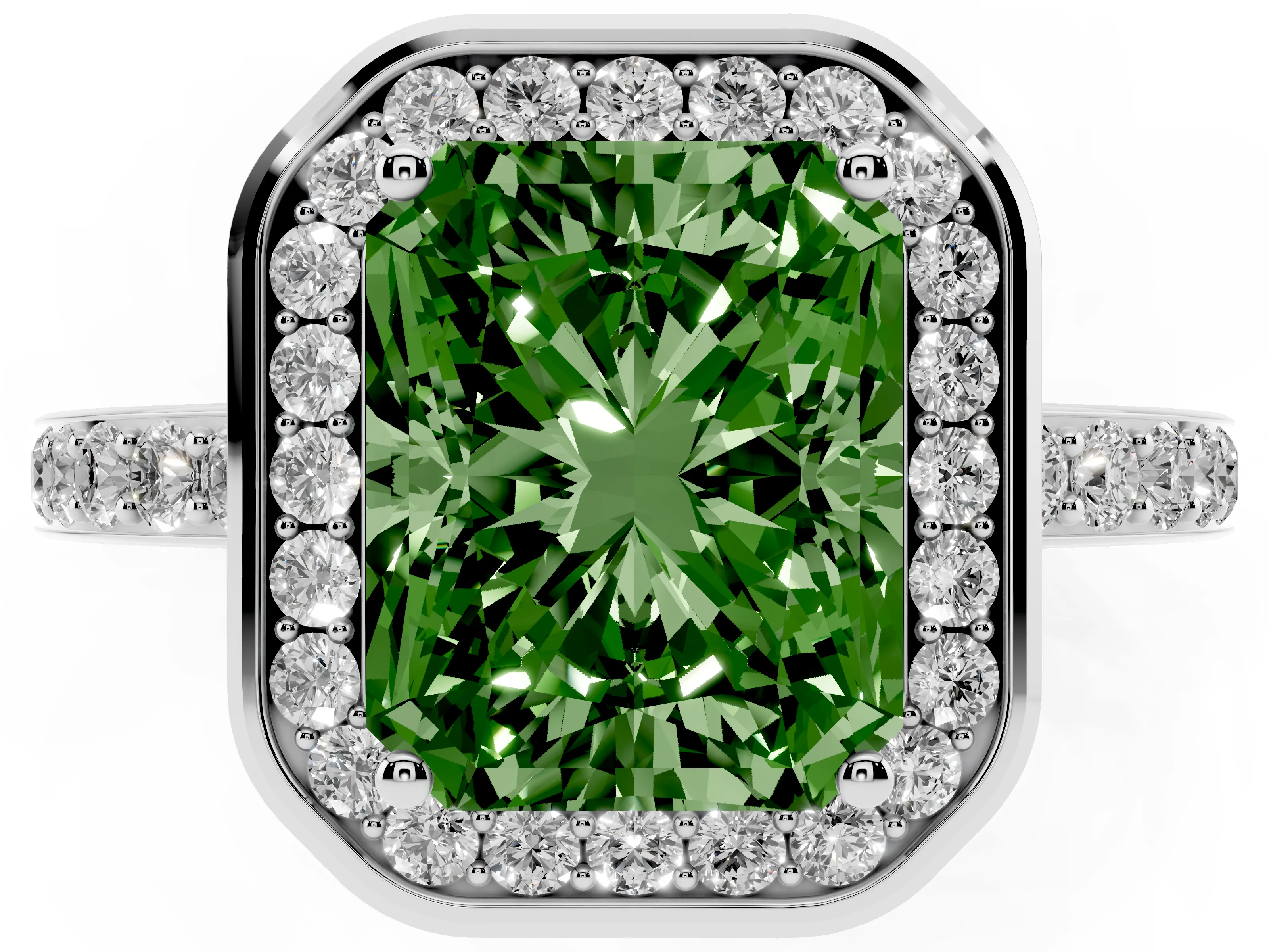 Fancy Green Radiant Cut Diamond Halo Ring Set in Silver with Bezel Frame and Pavé Band