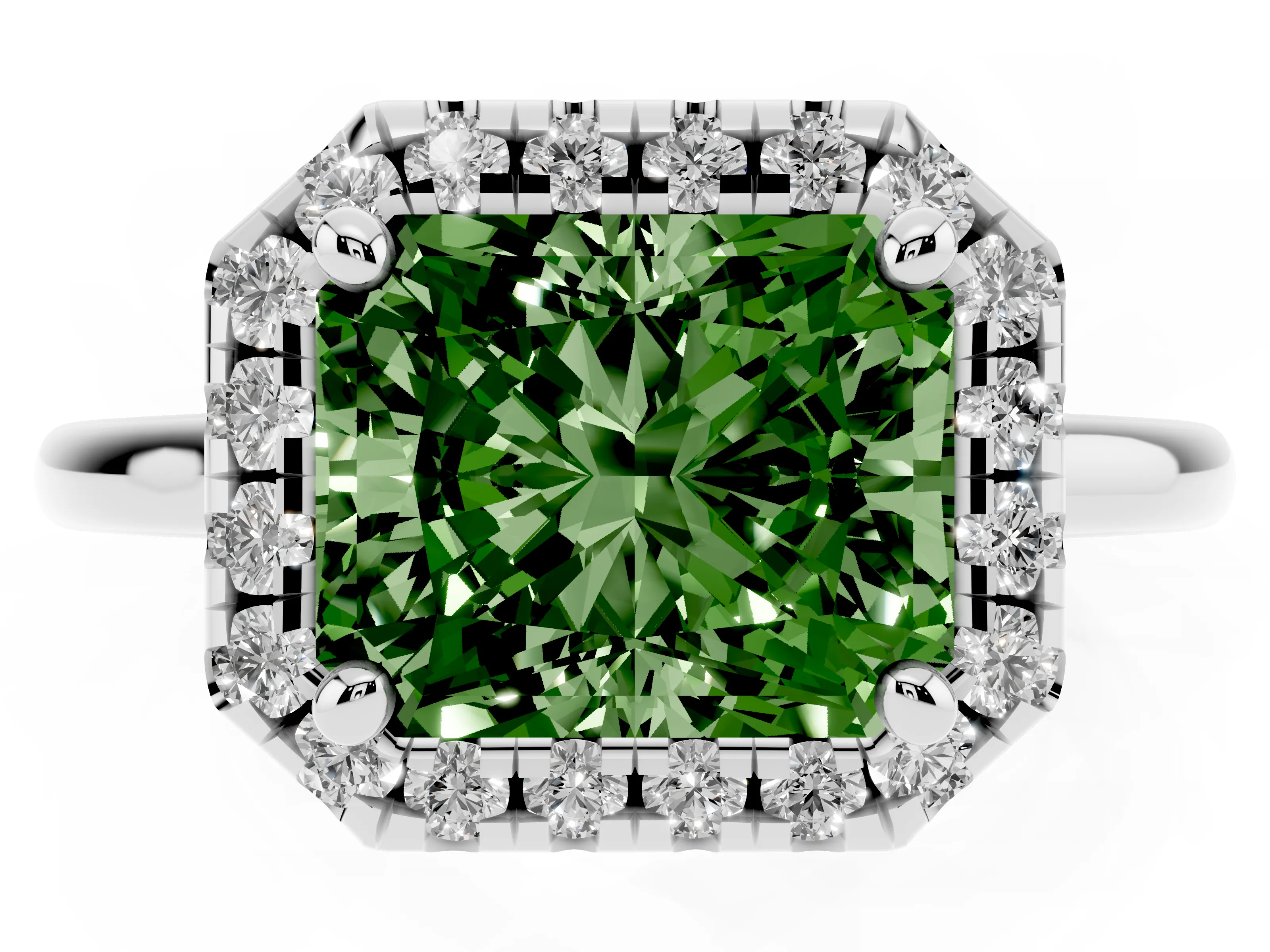 Fancy Green Radiant Cut Diamond Halo Engagement Ring Set in White gold with Pavé Band and Rising Shoulders