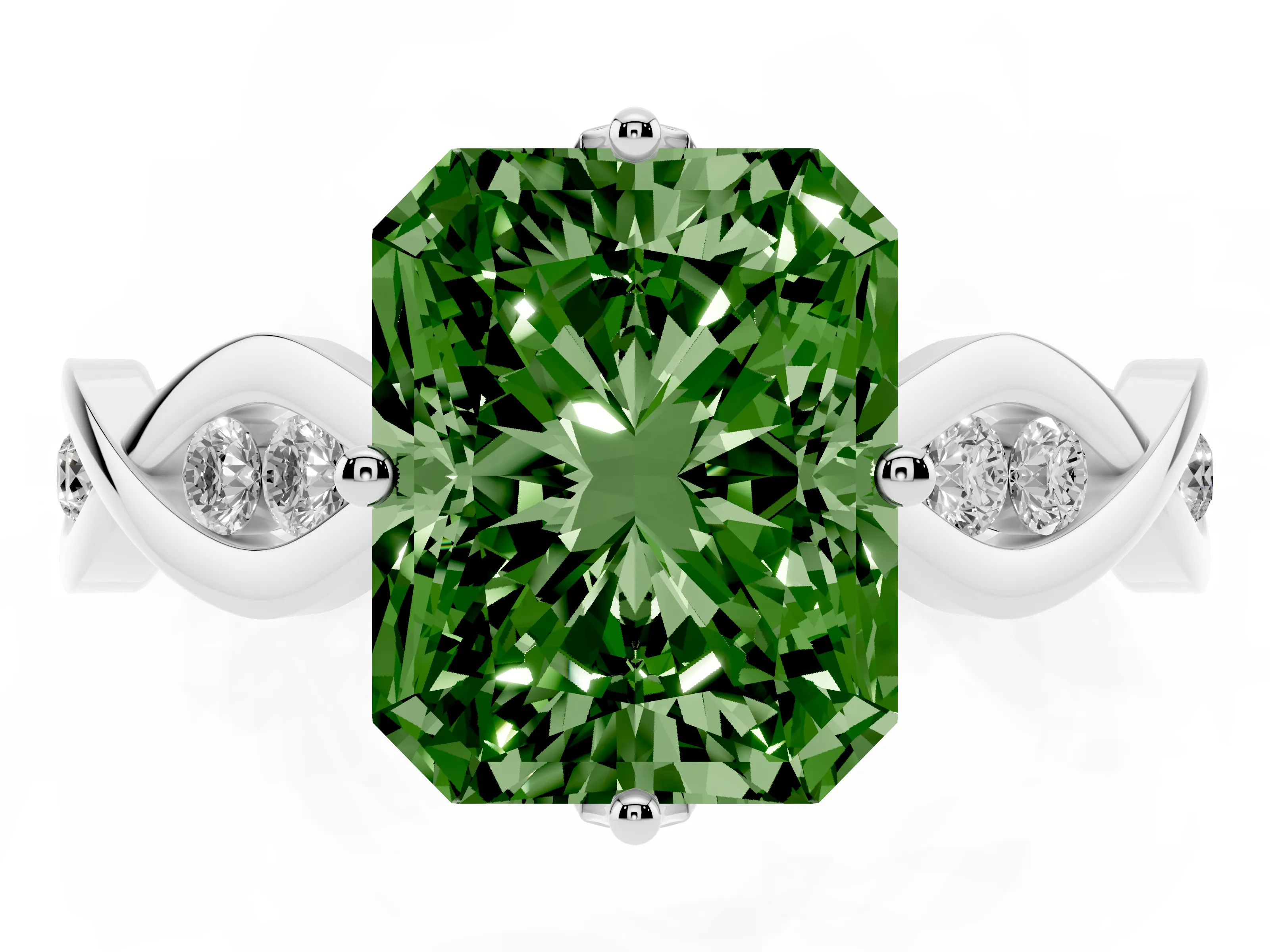 Fancy Green Radiant Cut Diamond Twist Band Solitaire Ring Set in Silver with Leaf Prong Setting and Accent Stones