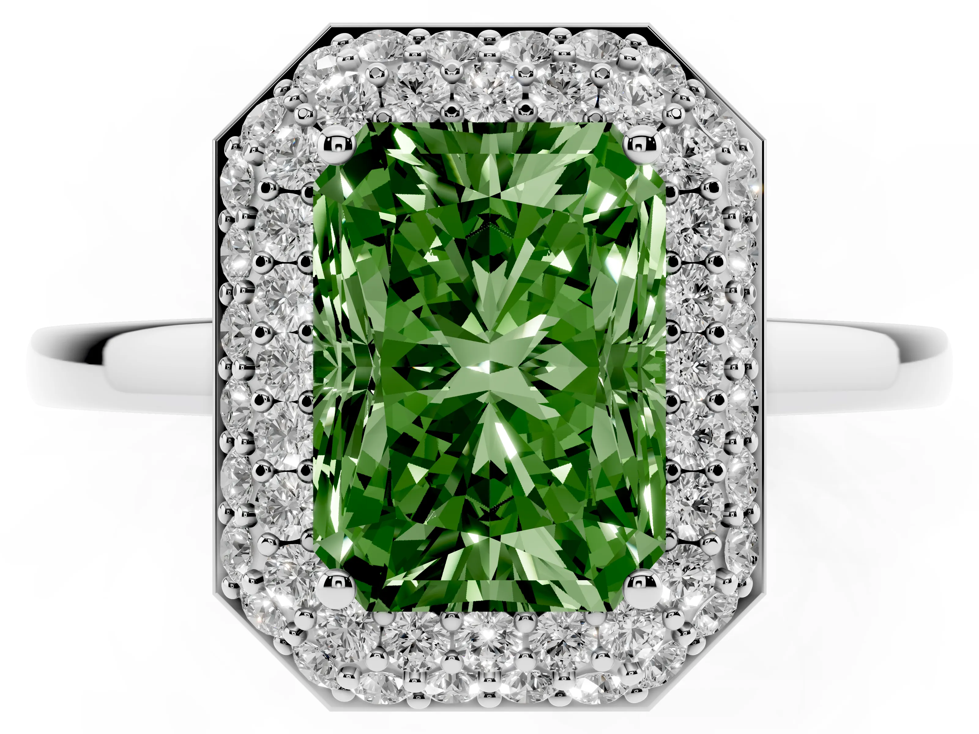 Fancy Green Radiant Cut Diamond Halo Engagement Ring Set in Platinum with Solitaire Band and Prong Setting