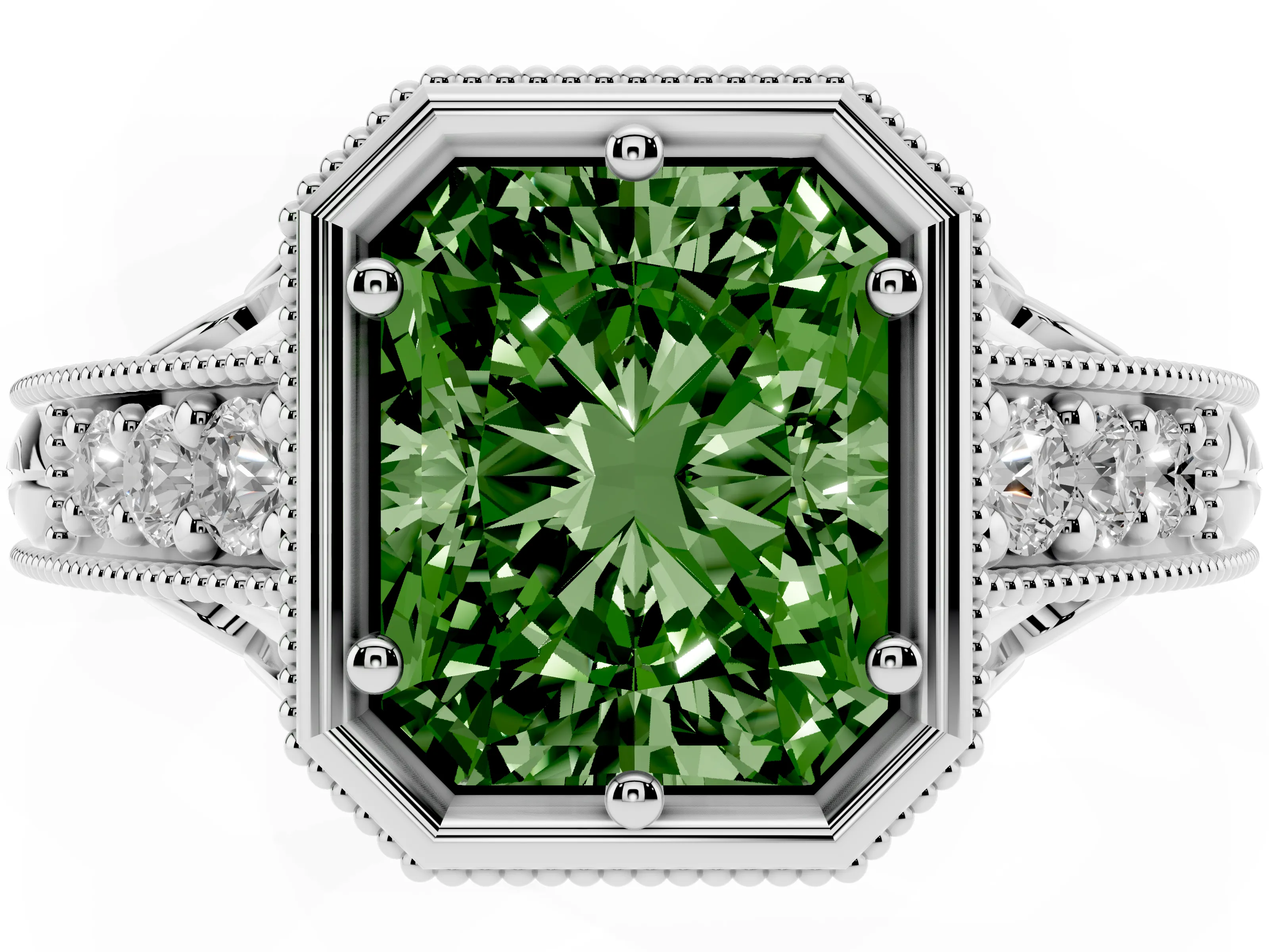 Fancy Green Bezel Set Radiant Cut Diamond Milgrain Pavé Engagement Ring Set in Platinum