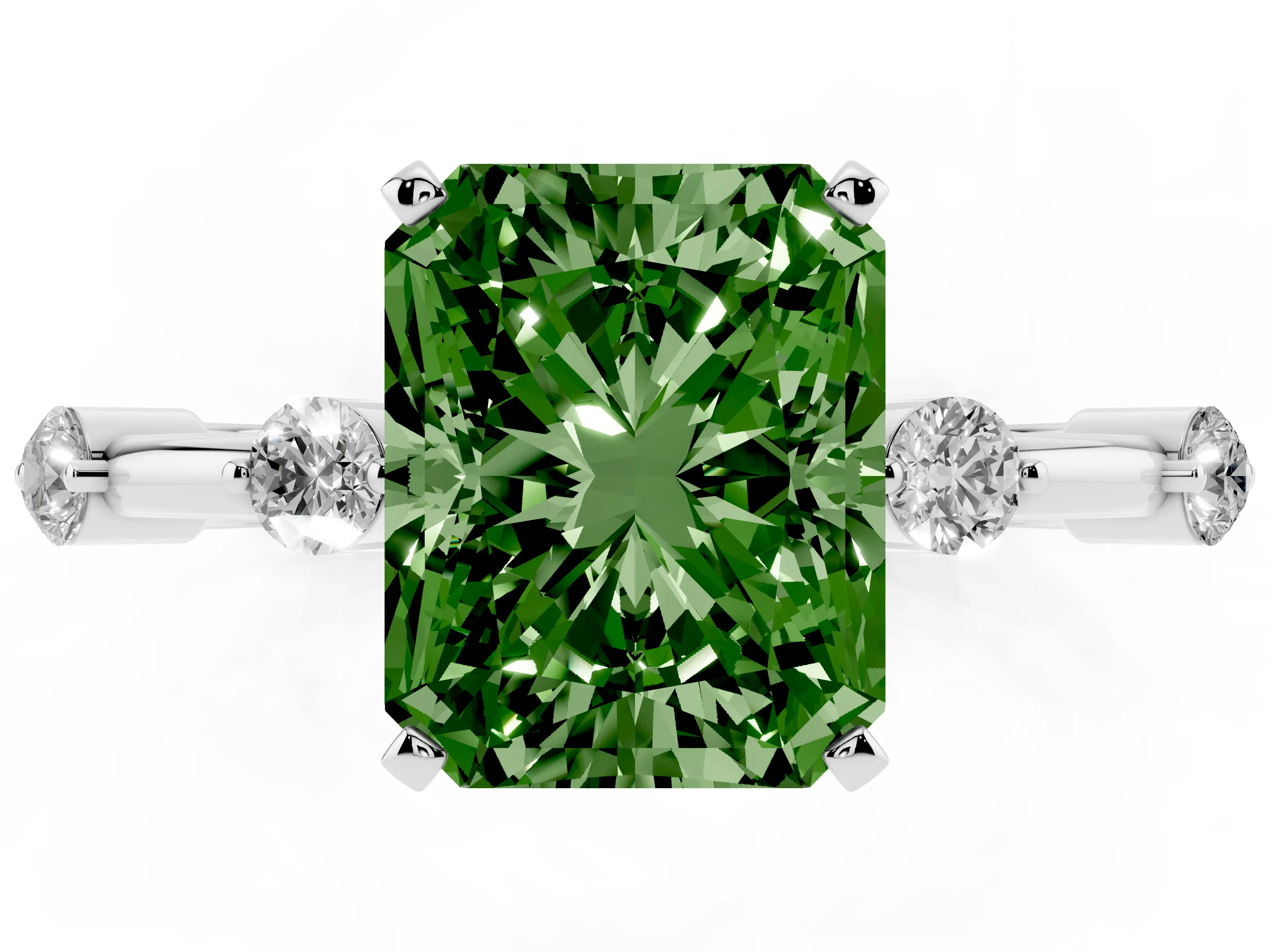 Fancy Green Radiant Cut Diamond Solitaire Ring Set in White gold with Bezel Set Side Stones and Prong Setting