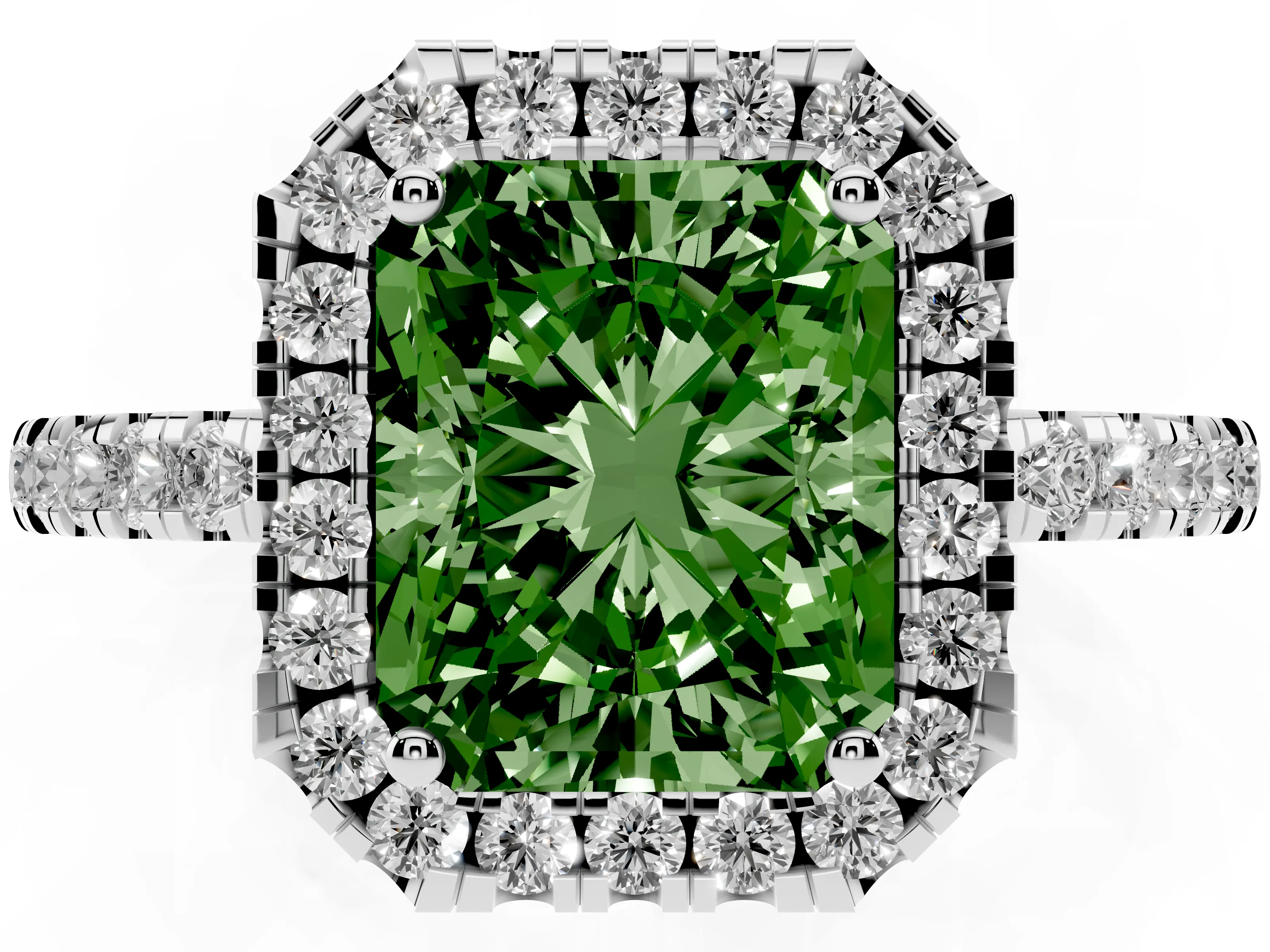 Fancy Green Radiant Cut Diamond Pavé Band Halo Engagement Ring Set in White gold with Prong Setting