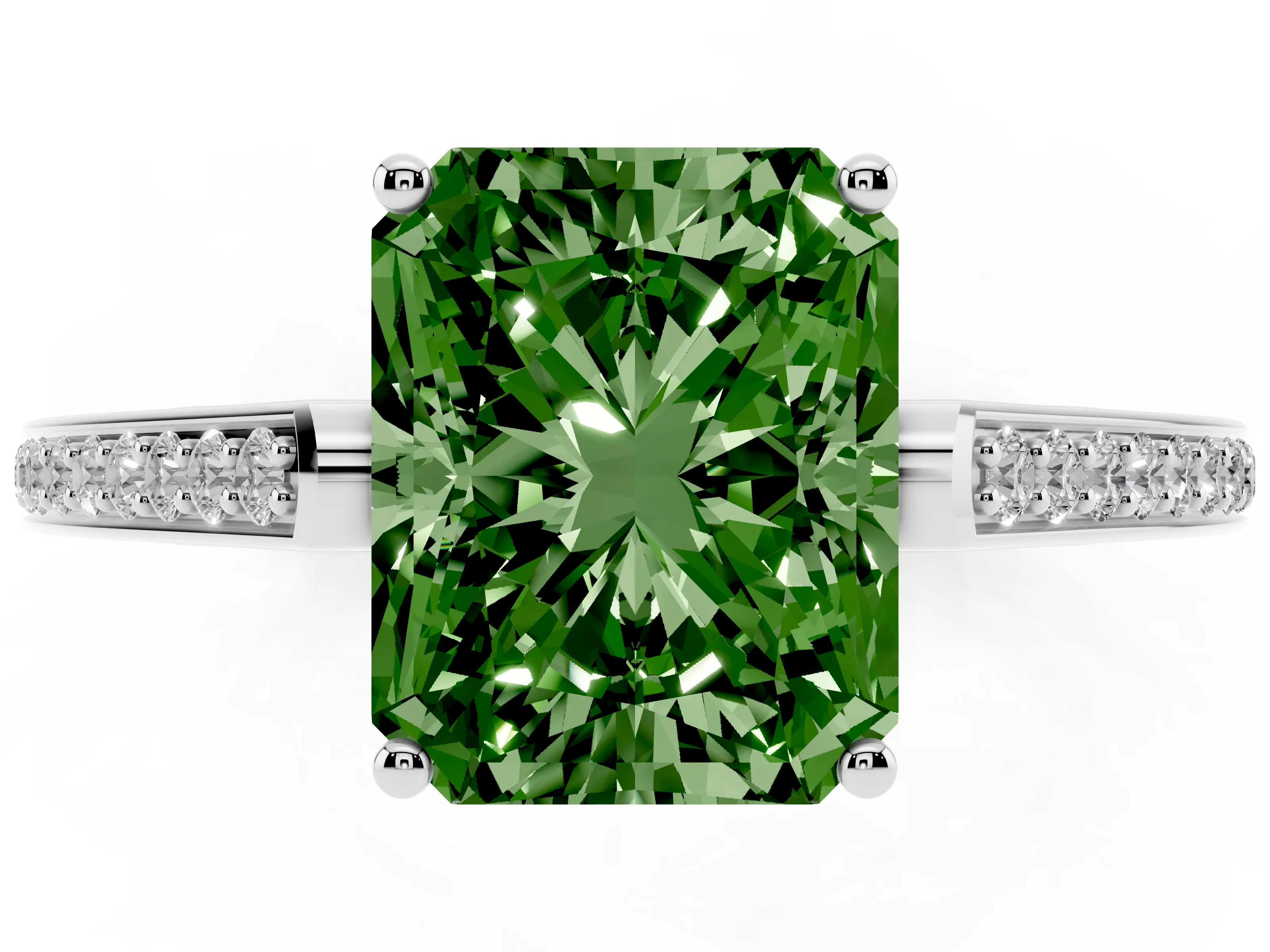 Fancy Green Radiant Cut Diamond Cathedral Pavé Engagement Ring Set in Platinum with Prong Setting