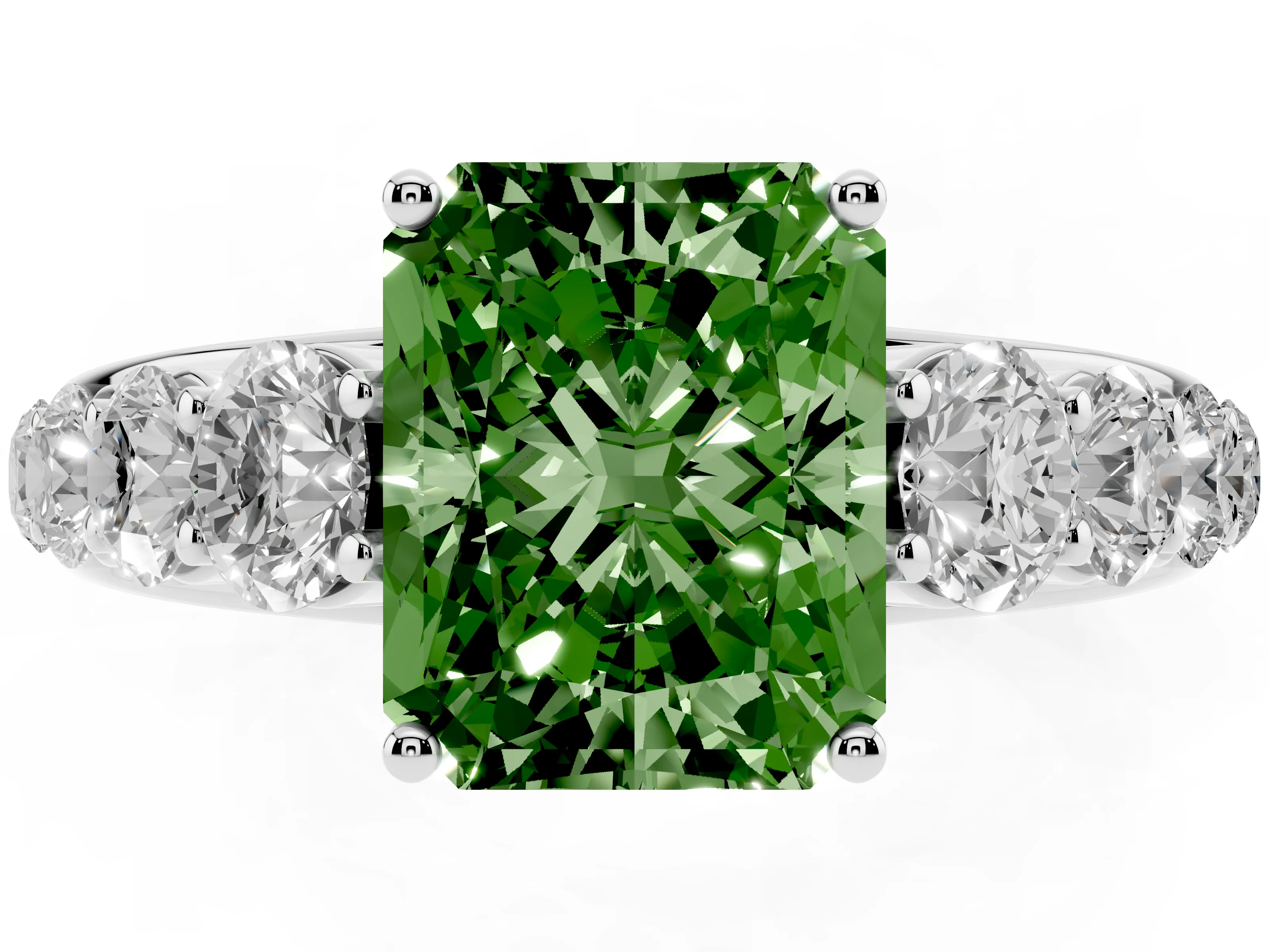 Fancy Green Radiant Cut Diamond Solitaire Ring Set in Platinum with Pavé-Set Band and Prong Setting