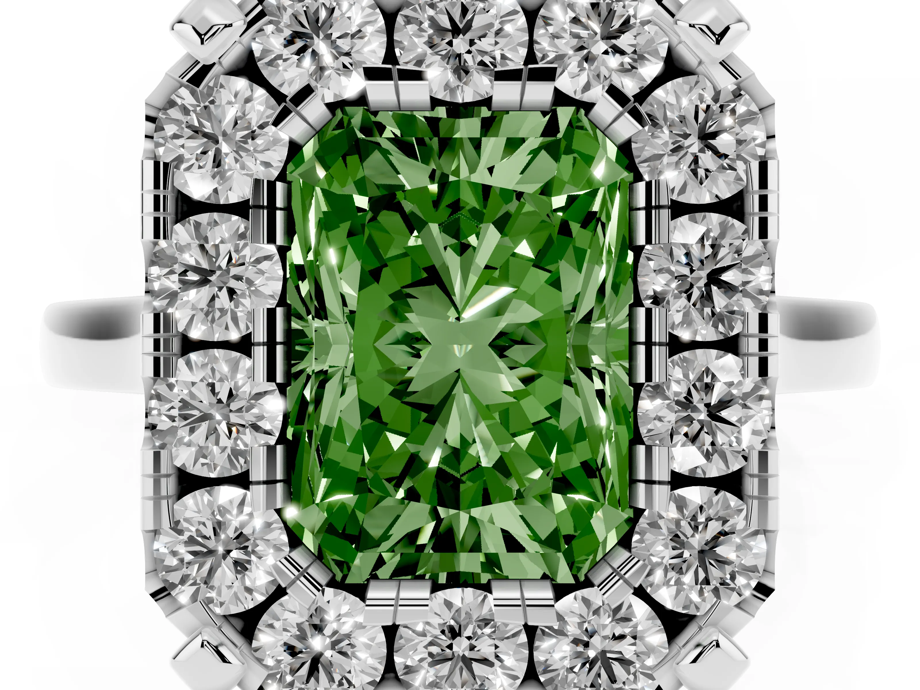 Fancy Green Radiant Cut Diamond Cluster Halo Solitaire Ring Set in Silver with Prong Setting