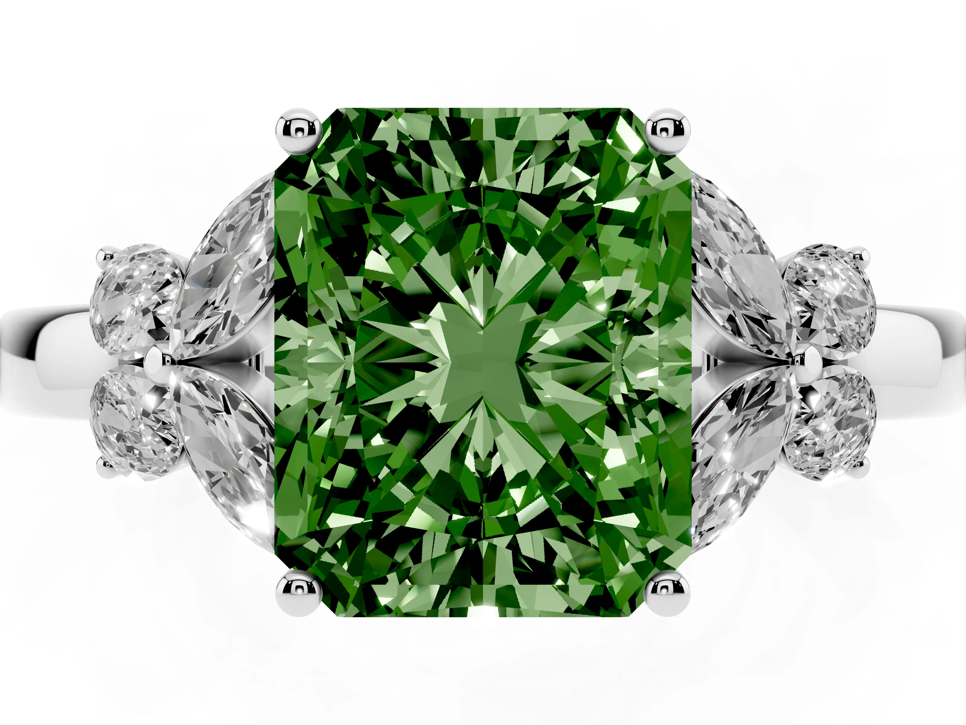 Fancy Green Radiant Cut Diamond Solitaire Floral Ring Set in Platinum with Marquise Petals and Prong Setting