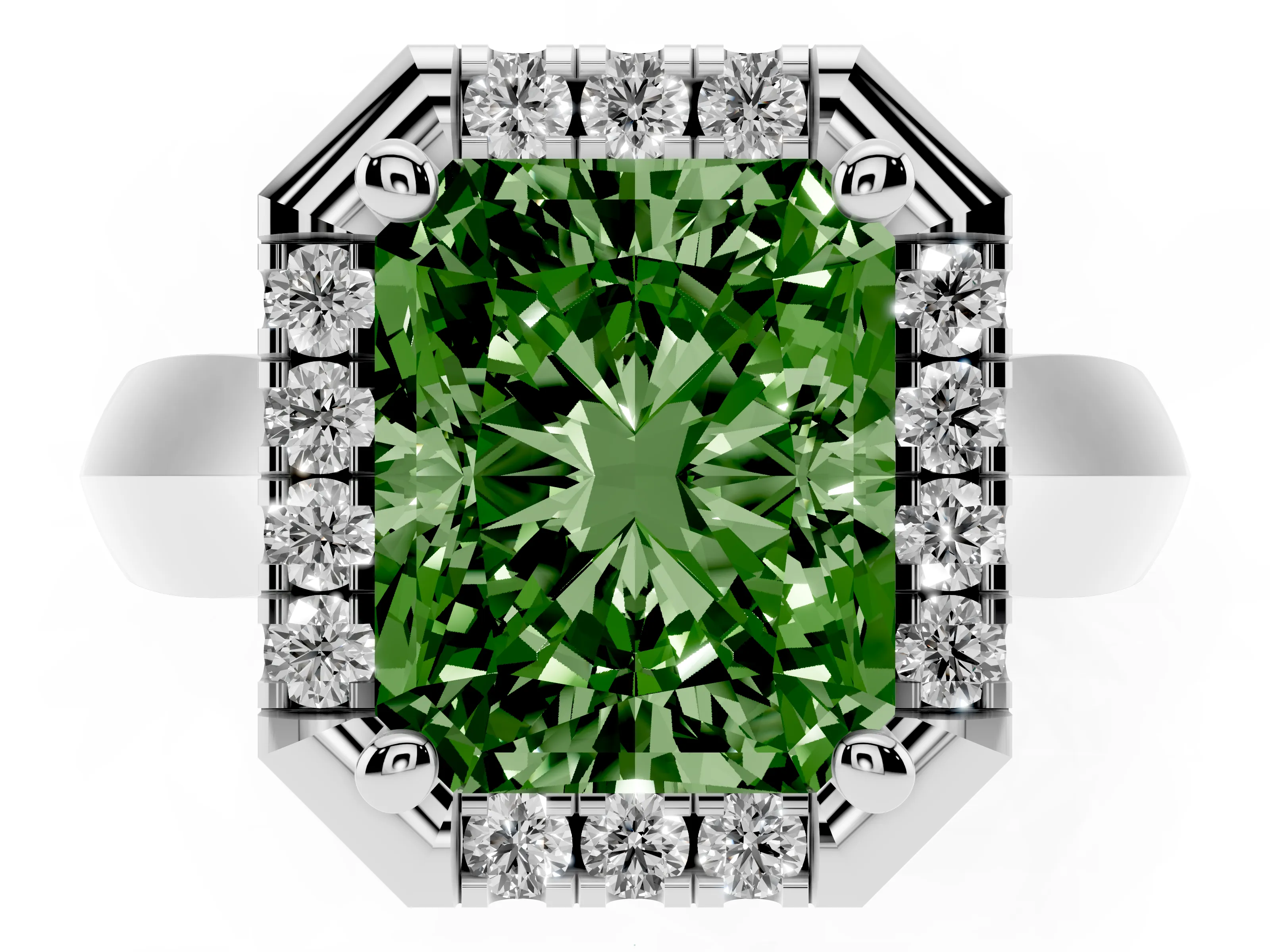 Fancy Green Radiant Cut Diamond Halo Solitaire Engagement Ring Set in White gold with Square Band and Prong Setting