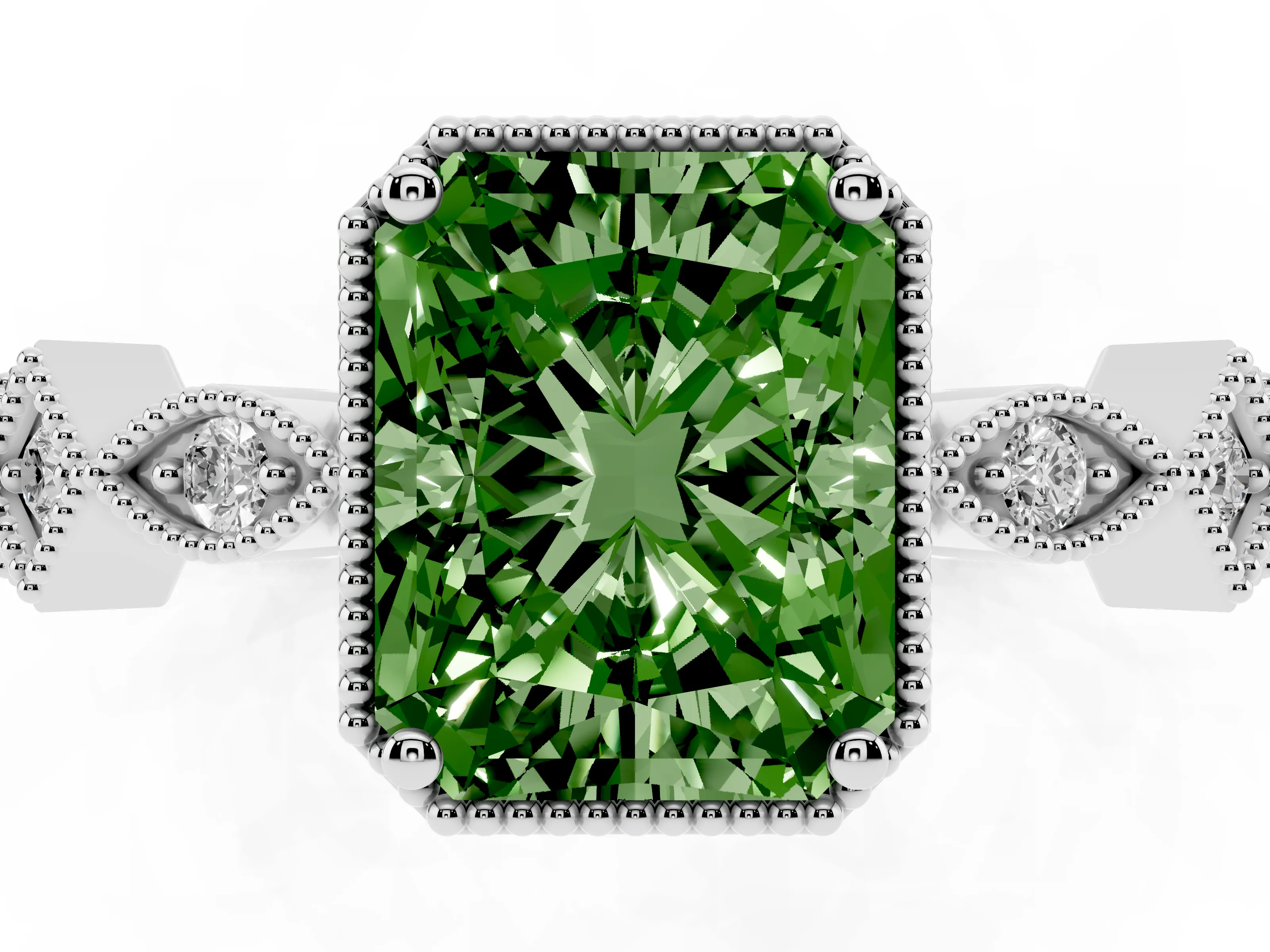 Fancy Green Radiant Cut Diamond Milgrain Marquise Twist Band Ring Set in White gold with Prong Setting