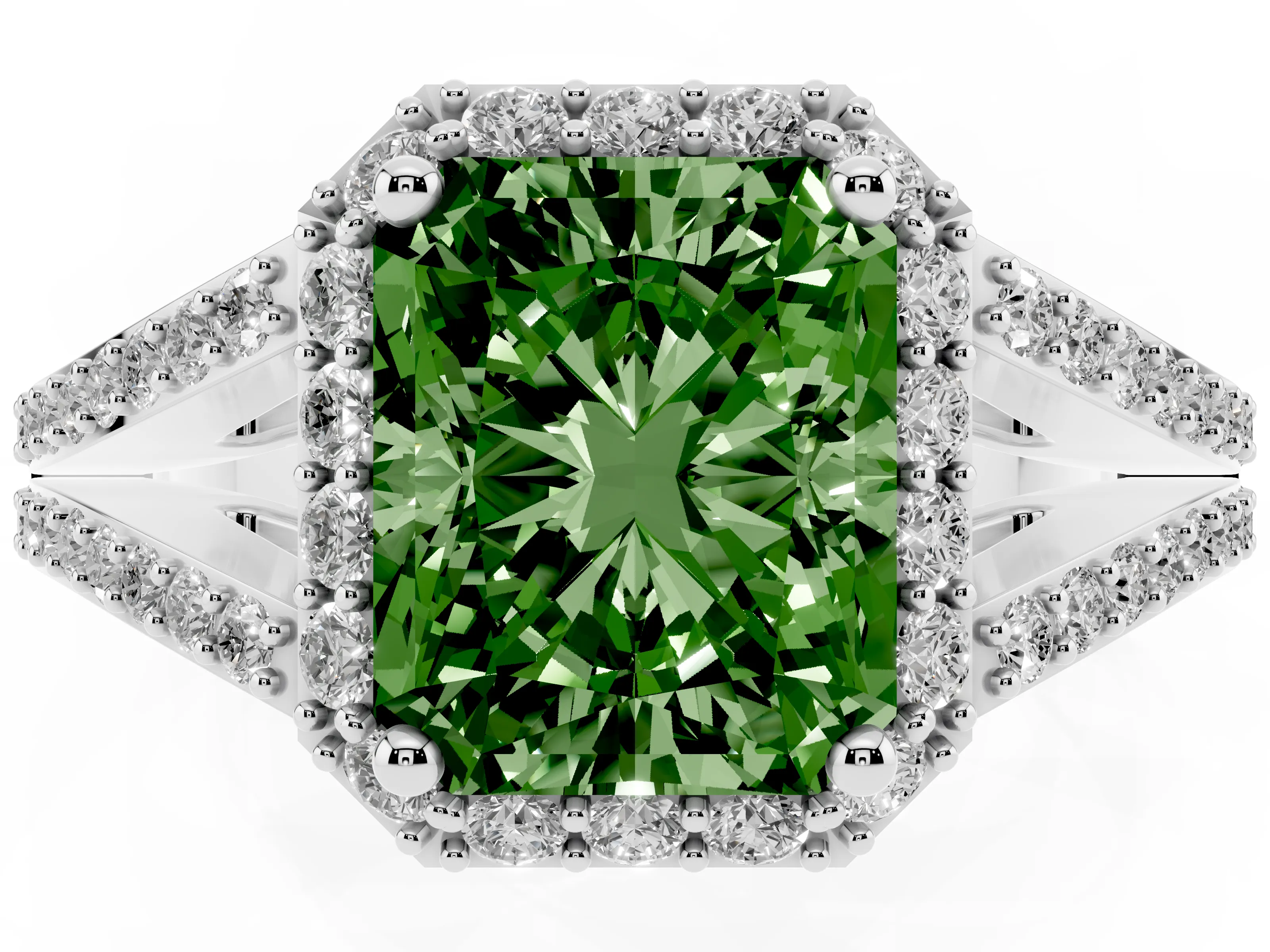 Fancy Green Radiant Cut Diamond Halo Split Shank Pavé Ring Set in Platinum with Prong Setting