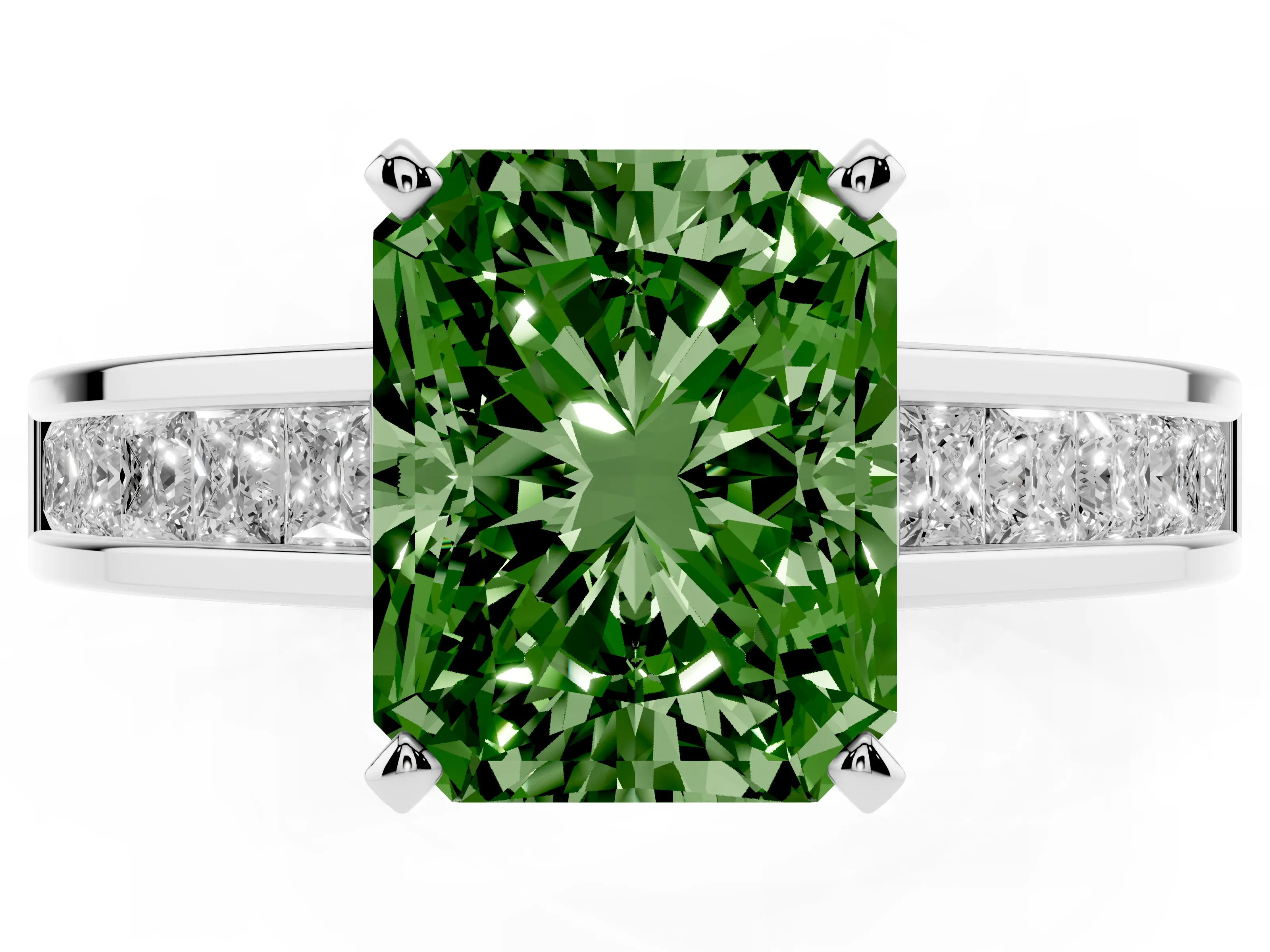 Fancy Green Radiant Cut Diamond Solitaire Ring Set in White gold with Channel-Set Band and Prong Setting