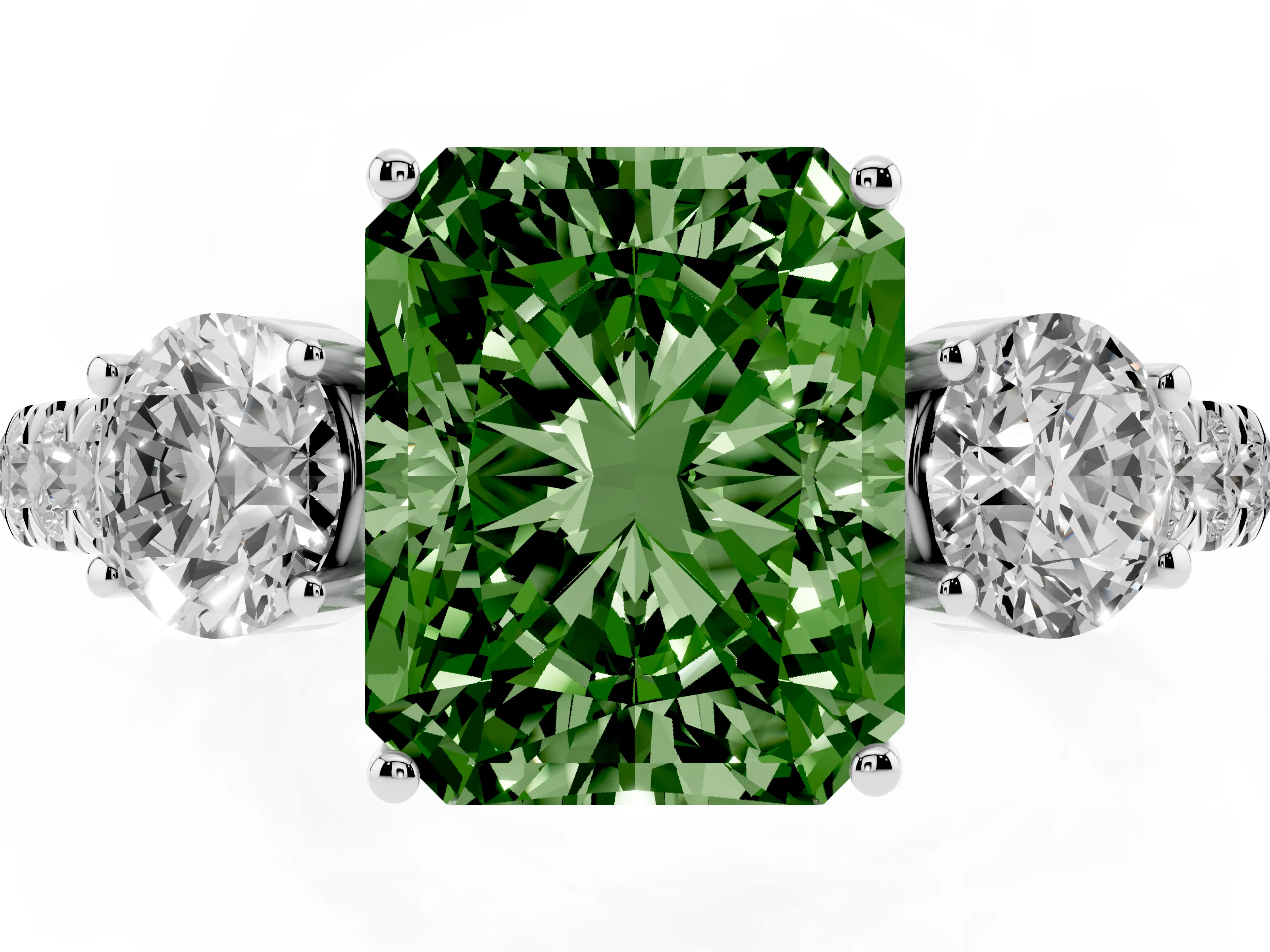 Fancy Green Radiant Cut Diamond Three-Stone Ring Set in Silver with Round Side Stones and Delicate Pavé Band