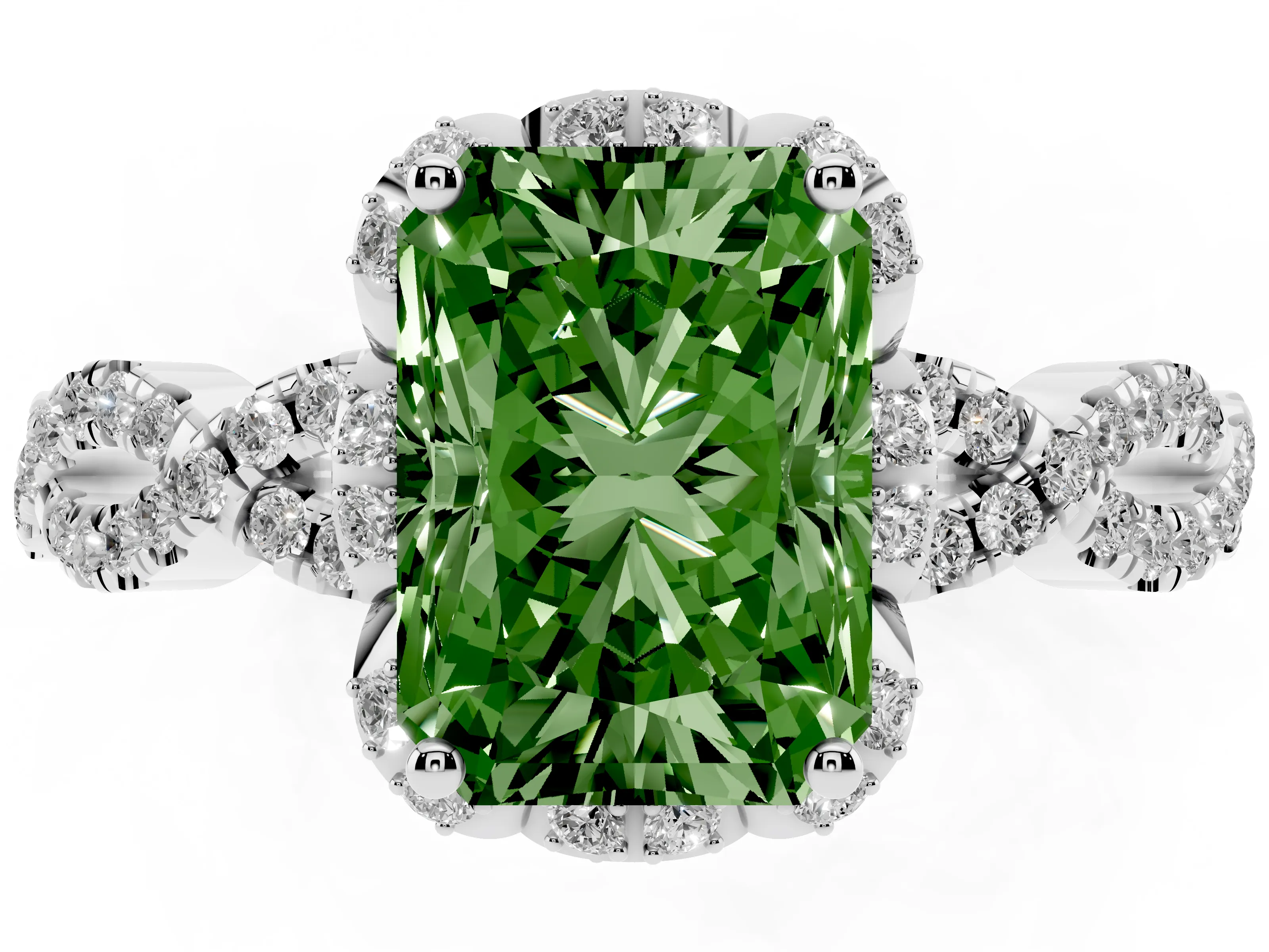 Fancy Green Radiant Cut Diamond Halo Twist Band Solitaire Ring Set in White gold with Prong-Set Center Stone