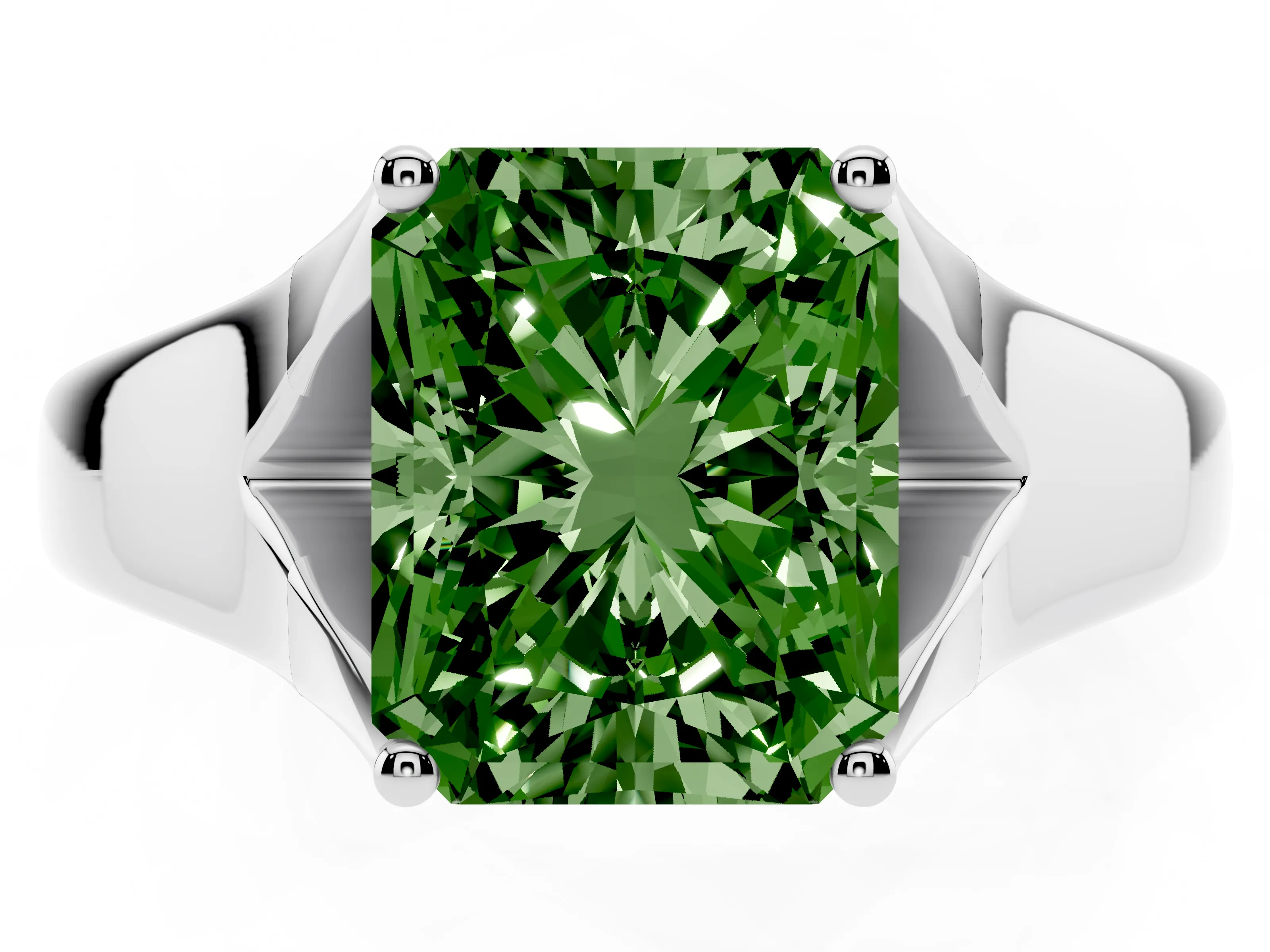 Fancy Green Radiant Cut Diamond Solitaire Ring Set in Platinum with Arched Cathedral Band and Prong Setting