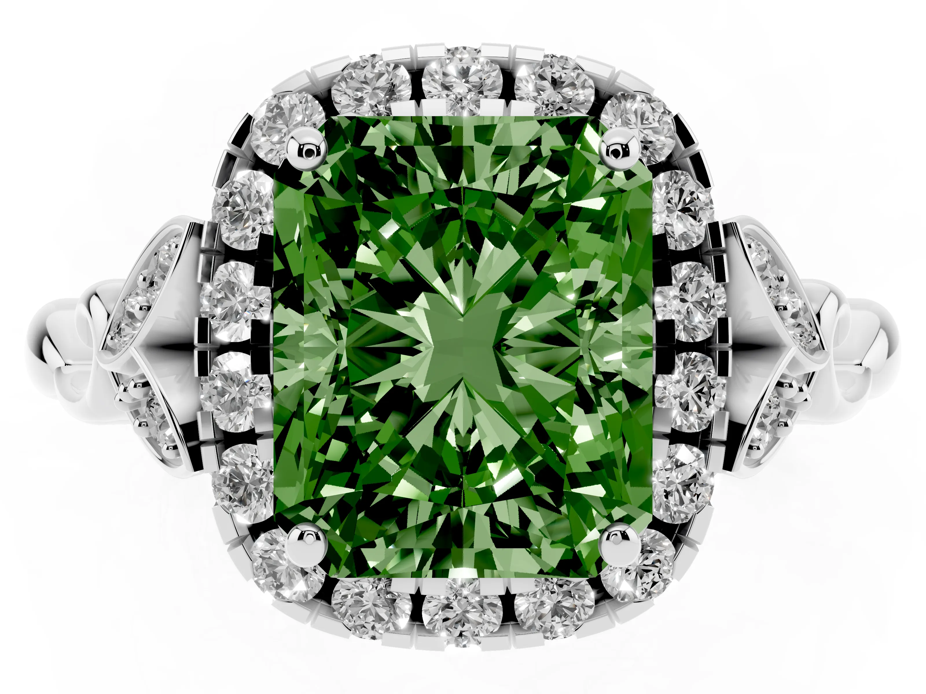 Fancy Green Radiant Cut Diamond Halo Engagement Ring Set in White gold with Vintage-Inspired Band and Prong Setting