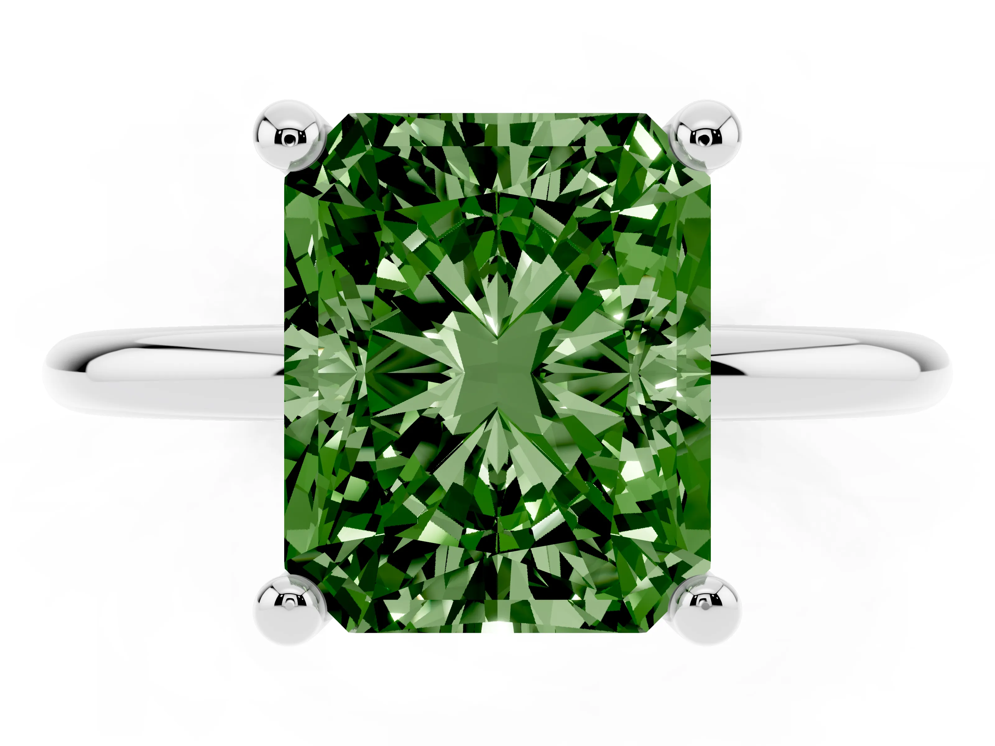 Fancy Green Radiant Cut Diamond Solitaire Ring Set in White gold with Secure Prong Setting on a Classic Band