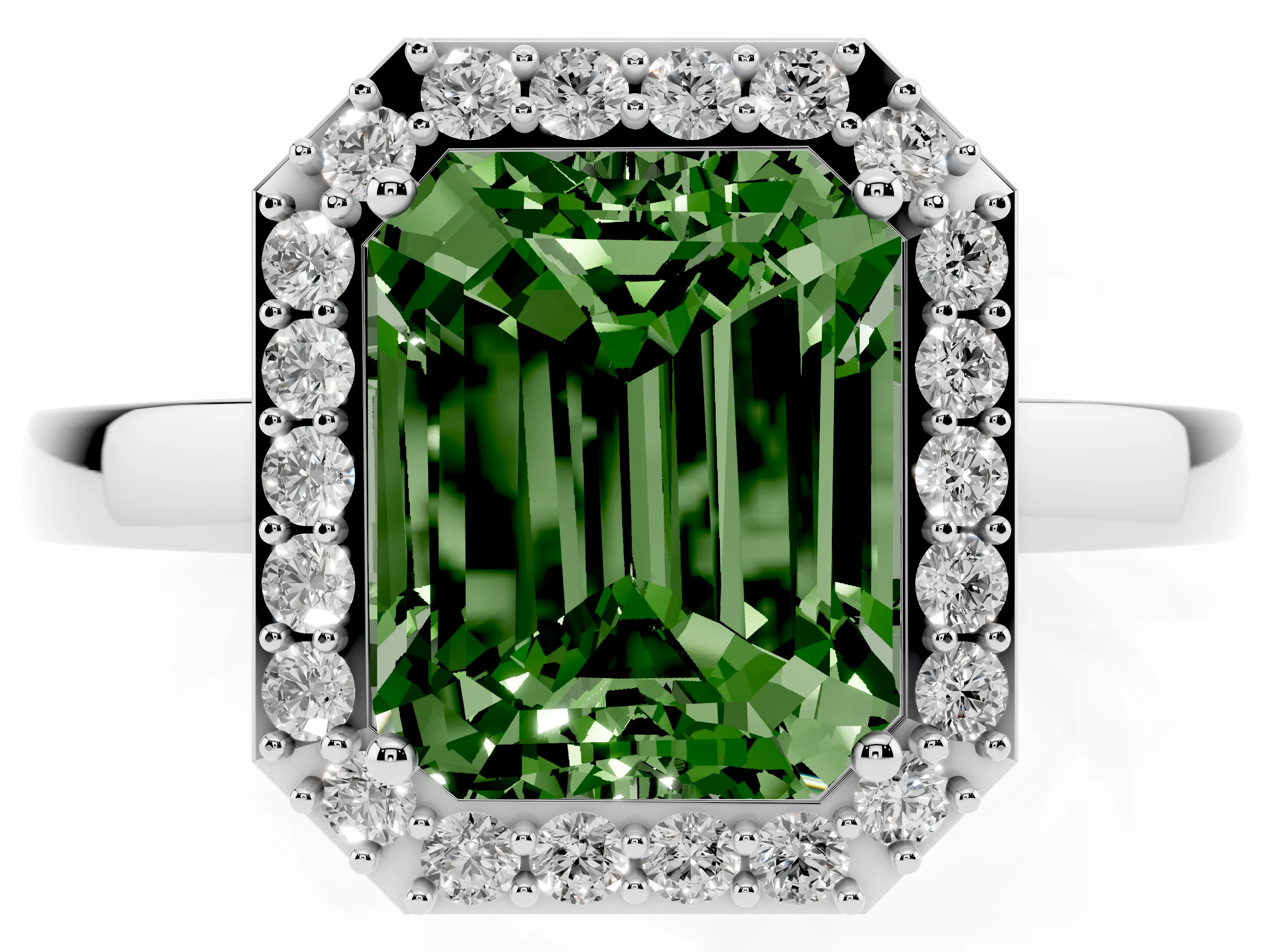 Fancy Green Radiant Cut Diamond Halo Ring Set in Silver with Solitaire Band and Prong Setting
