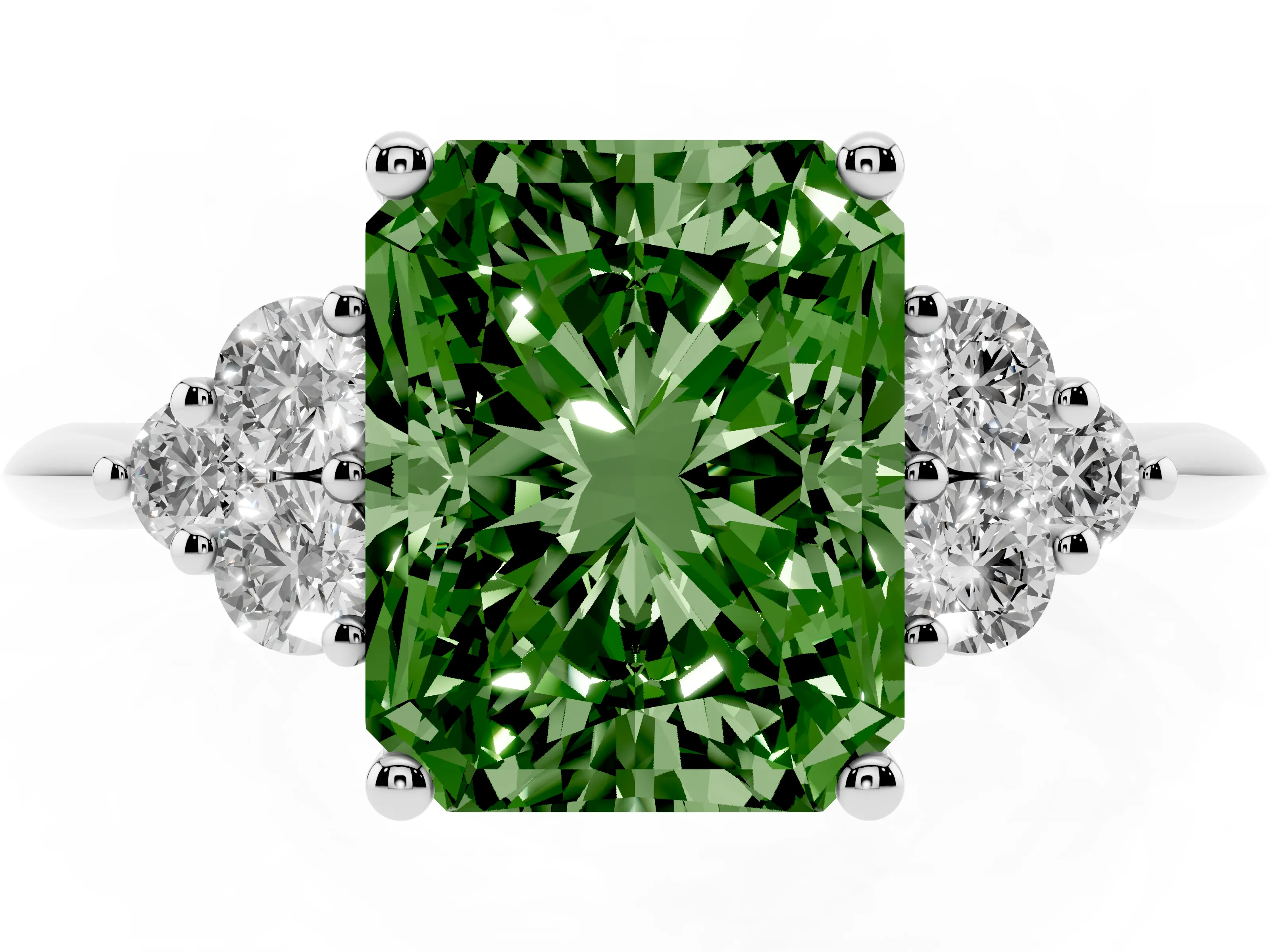 Fancy Green Radiant Cut Diamond Cluster Ring Set in White gold with Plain Band and Prong Setting