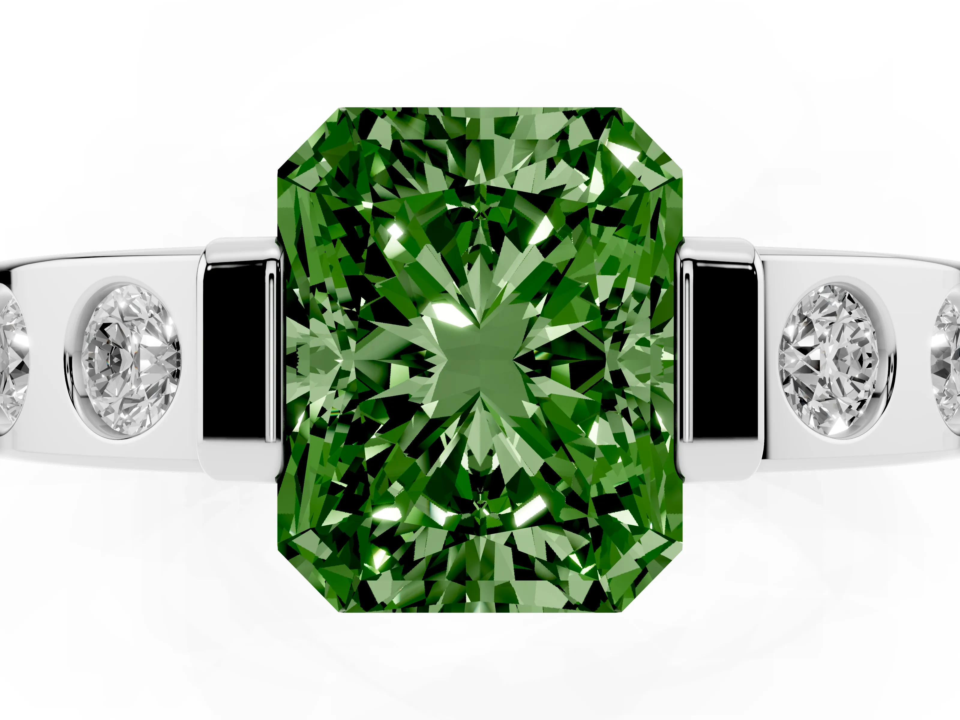 Fancy Green Radiant Cut Diamond Channel-Set Band Ring Set in Silver with Bezel Prong Setting