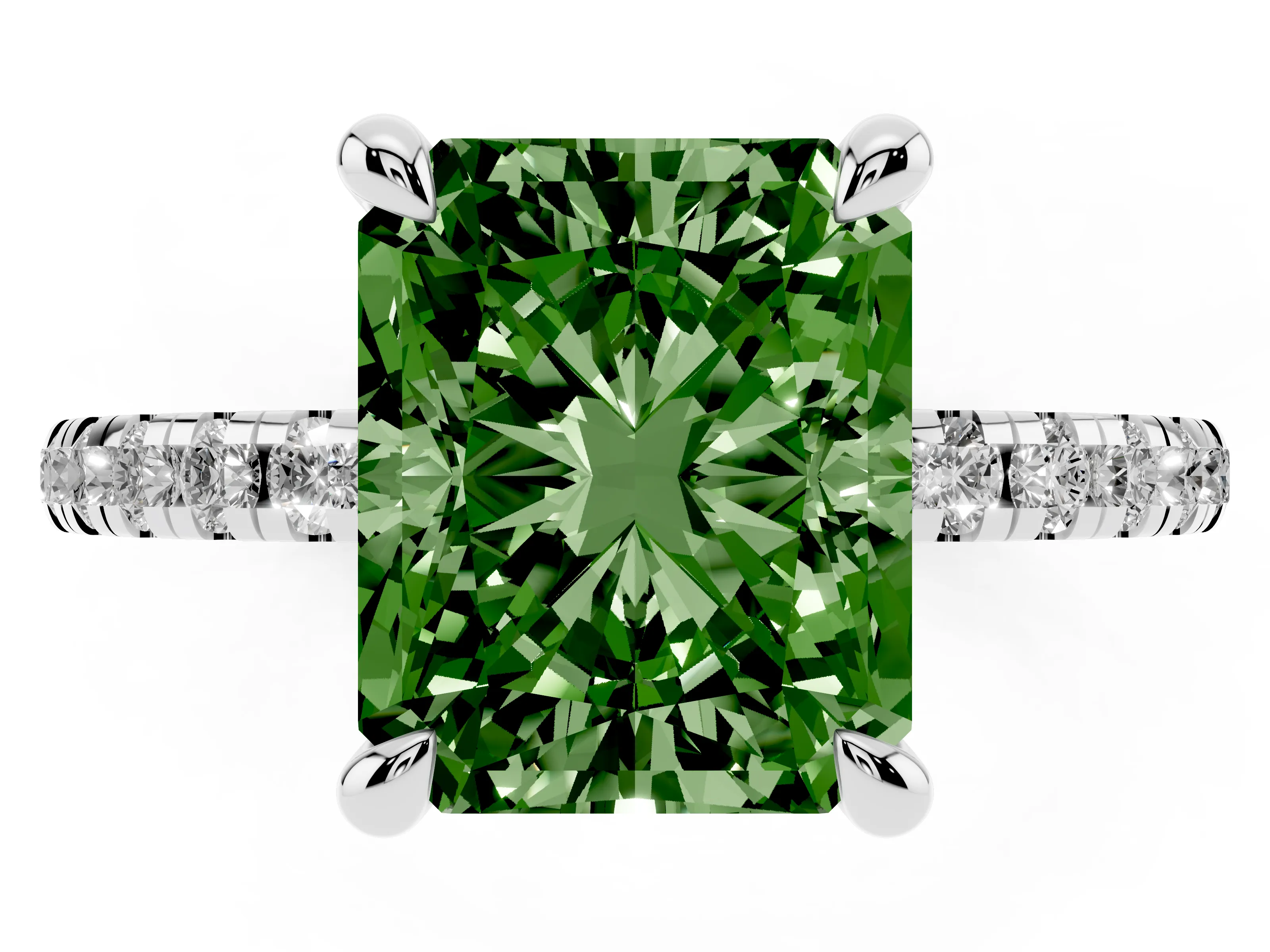 Fancy Green Radiant Cut Diamond Brilliant Solitaire Ring Set in Platinum with Pavé Band and Prong Setting