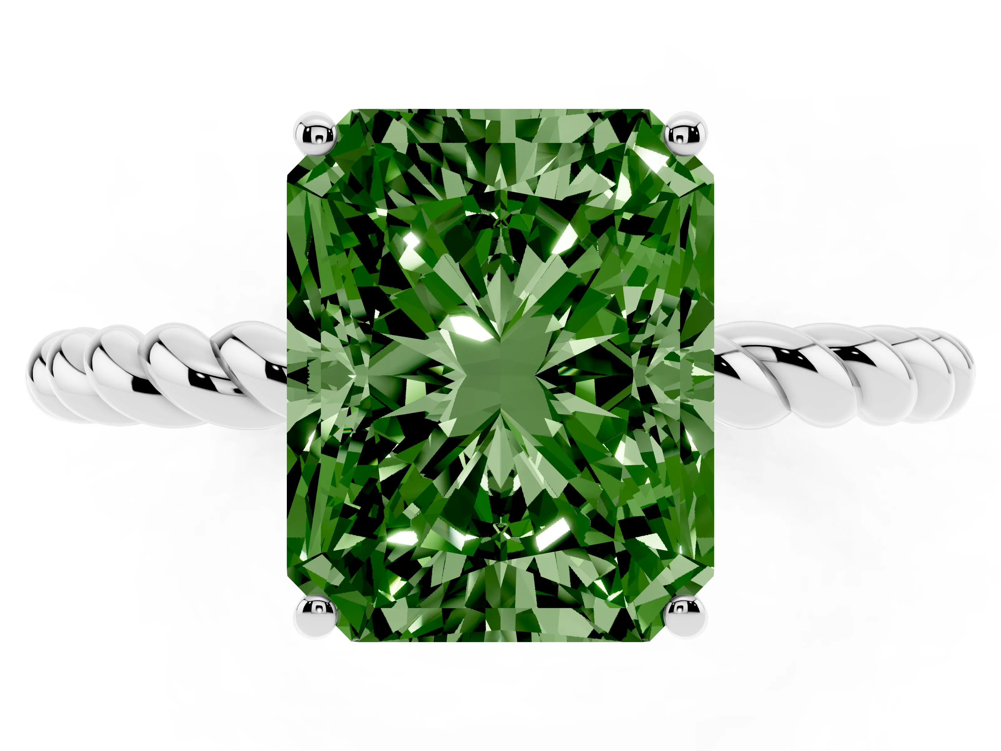 Fancy Green Radiant Cut Diamond Solitaire Ring Set in White gold with Twist Band and Prong Setting