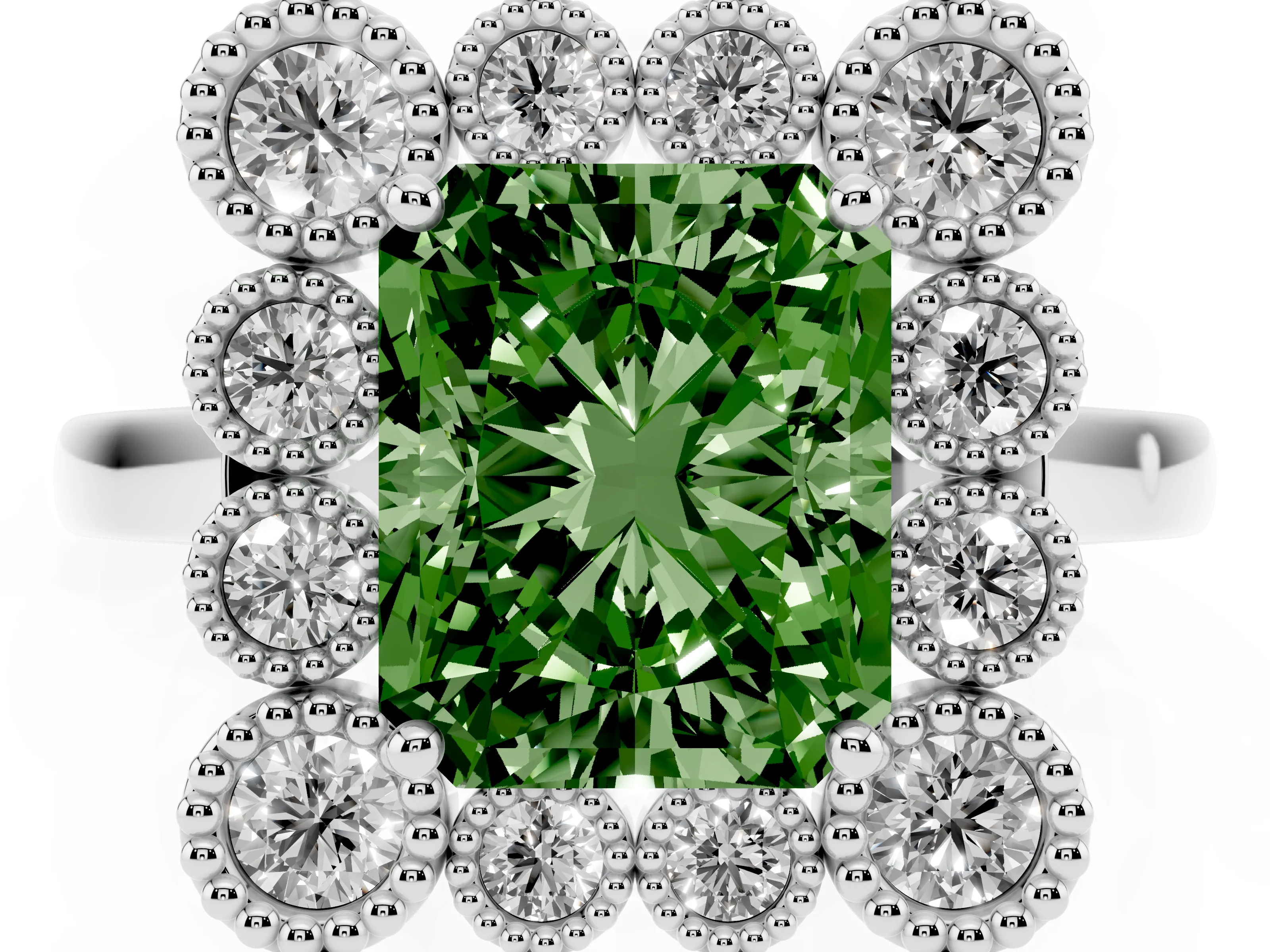 Fancy Green Radiant Cut Diamond Cluster Halo Ring Set in White gold with Milgrain Bezel Accents and Plain Band