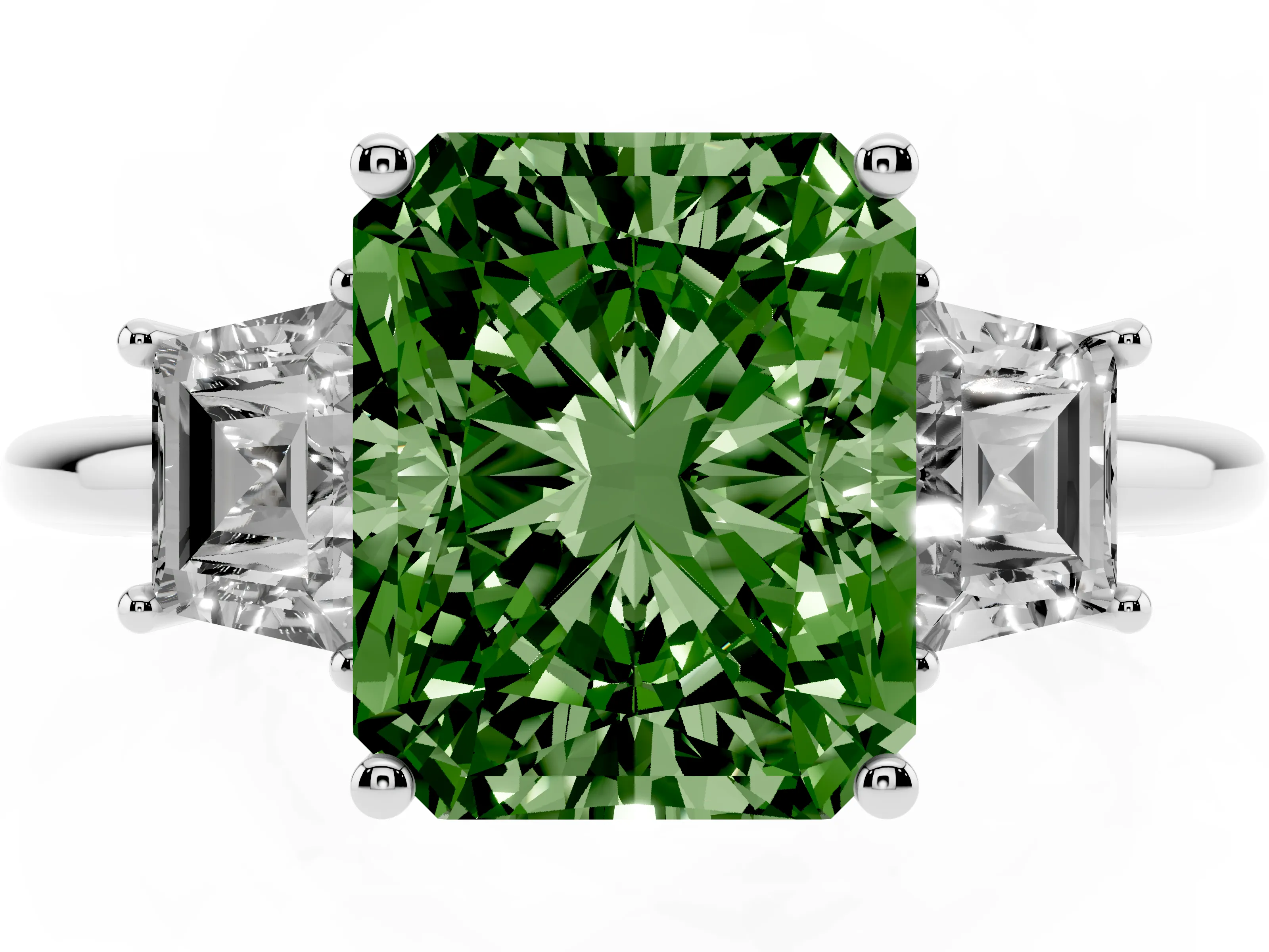Fancy Green Radiant Cut Diamond Three-Stone Ring Set in Silver with Trapezoid Side Stones and Prong Setting