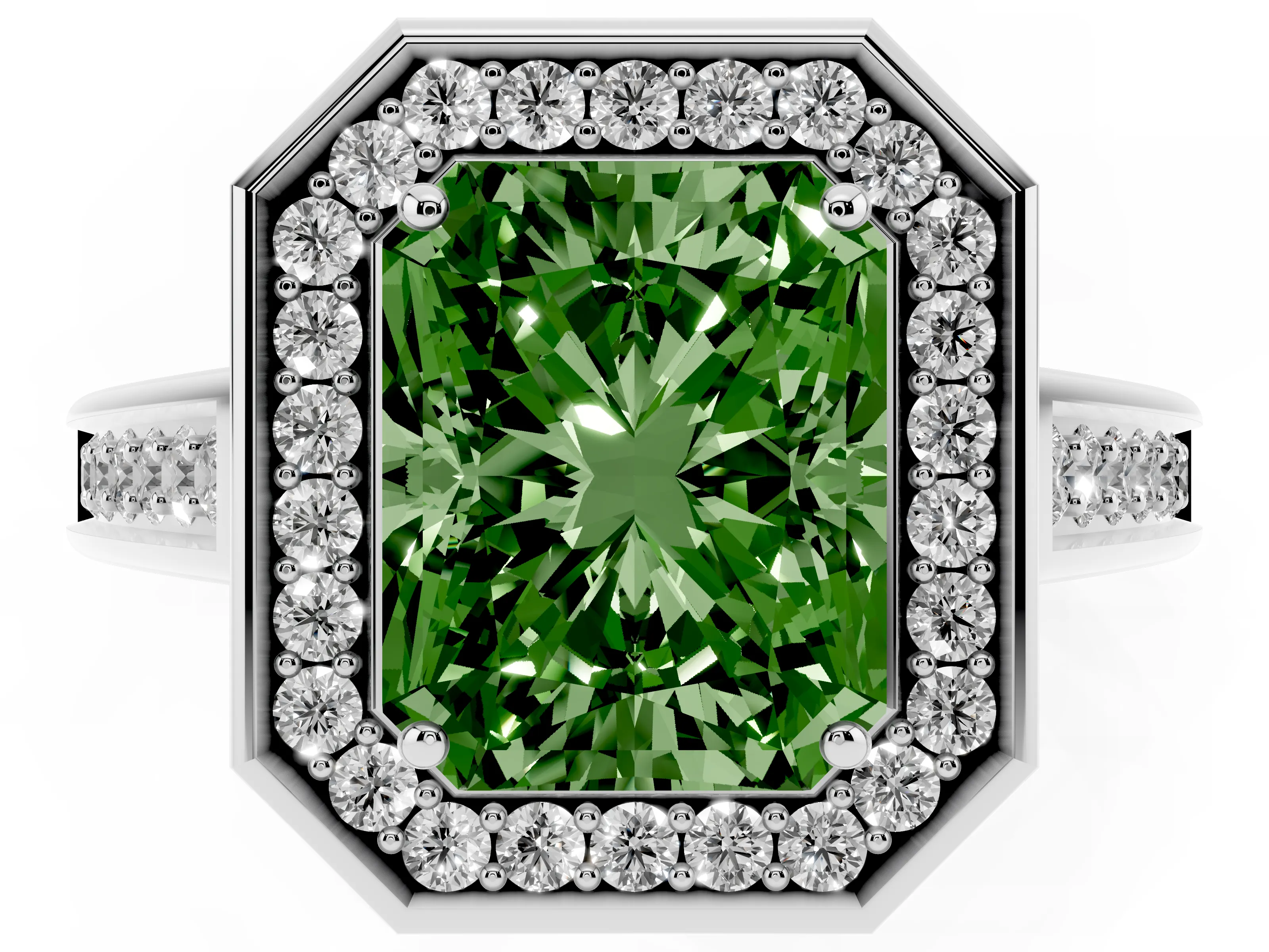 Fancy Green Radiant Cut Diamond Halo Solitaire Ring Set in Platinum with Pavé Band and Bezel Setting