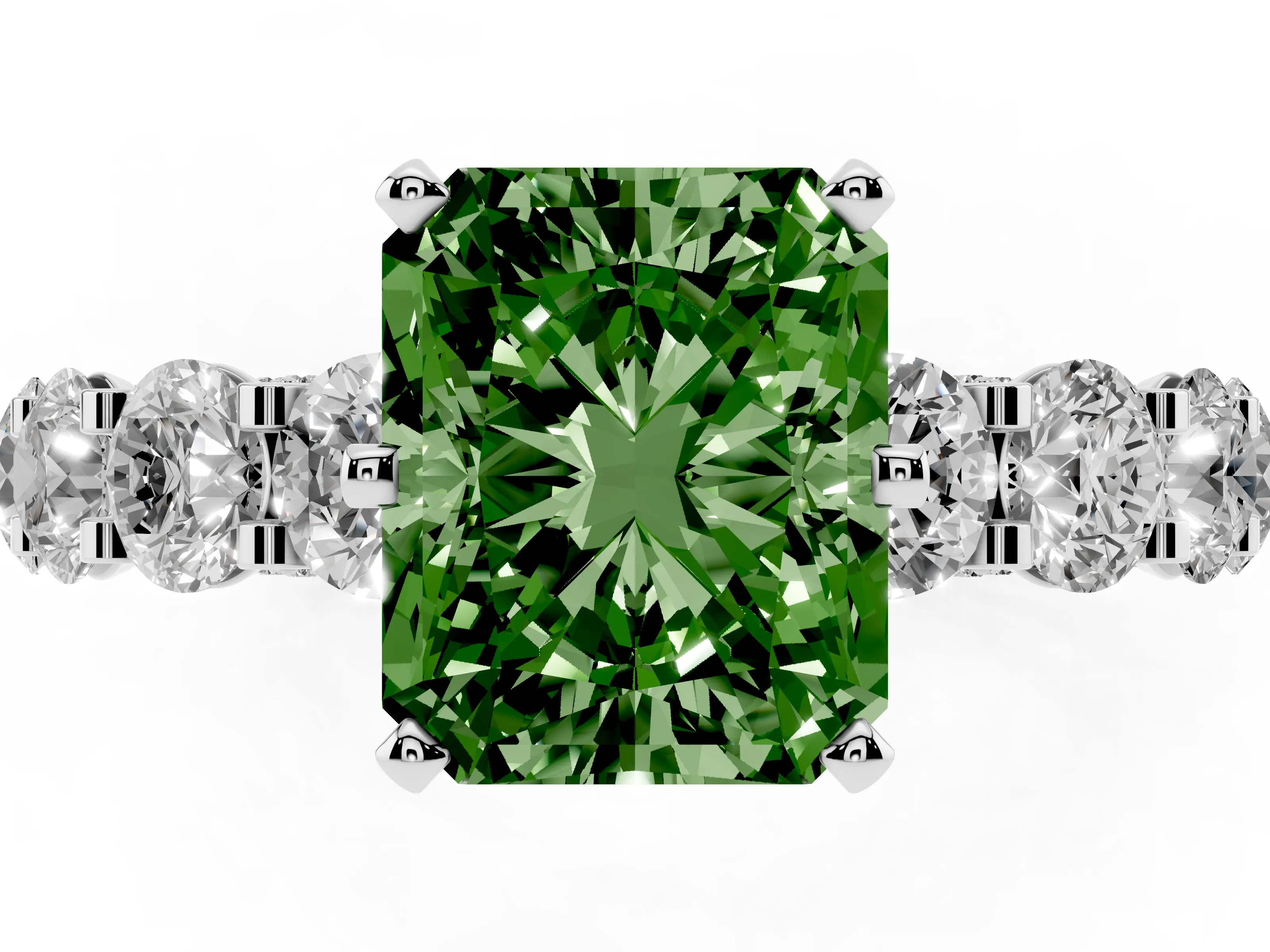 Fancy Green Radiant Cut Diamond Side Stone Ring Set in White gold with Alternating Round and Oval Side Stones