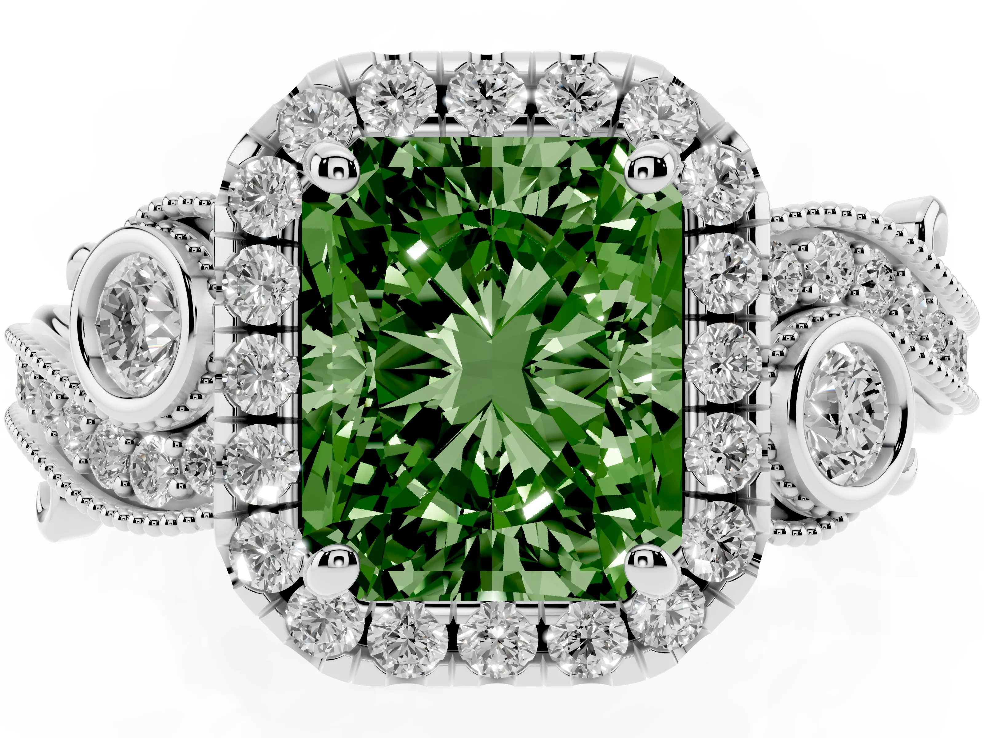 Fancy Green Radiant Cut Diamond Halo Ring Set in Silver with Milgrain Pavé Band and Prong Setting
