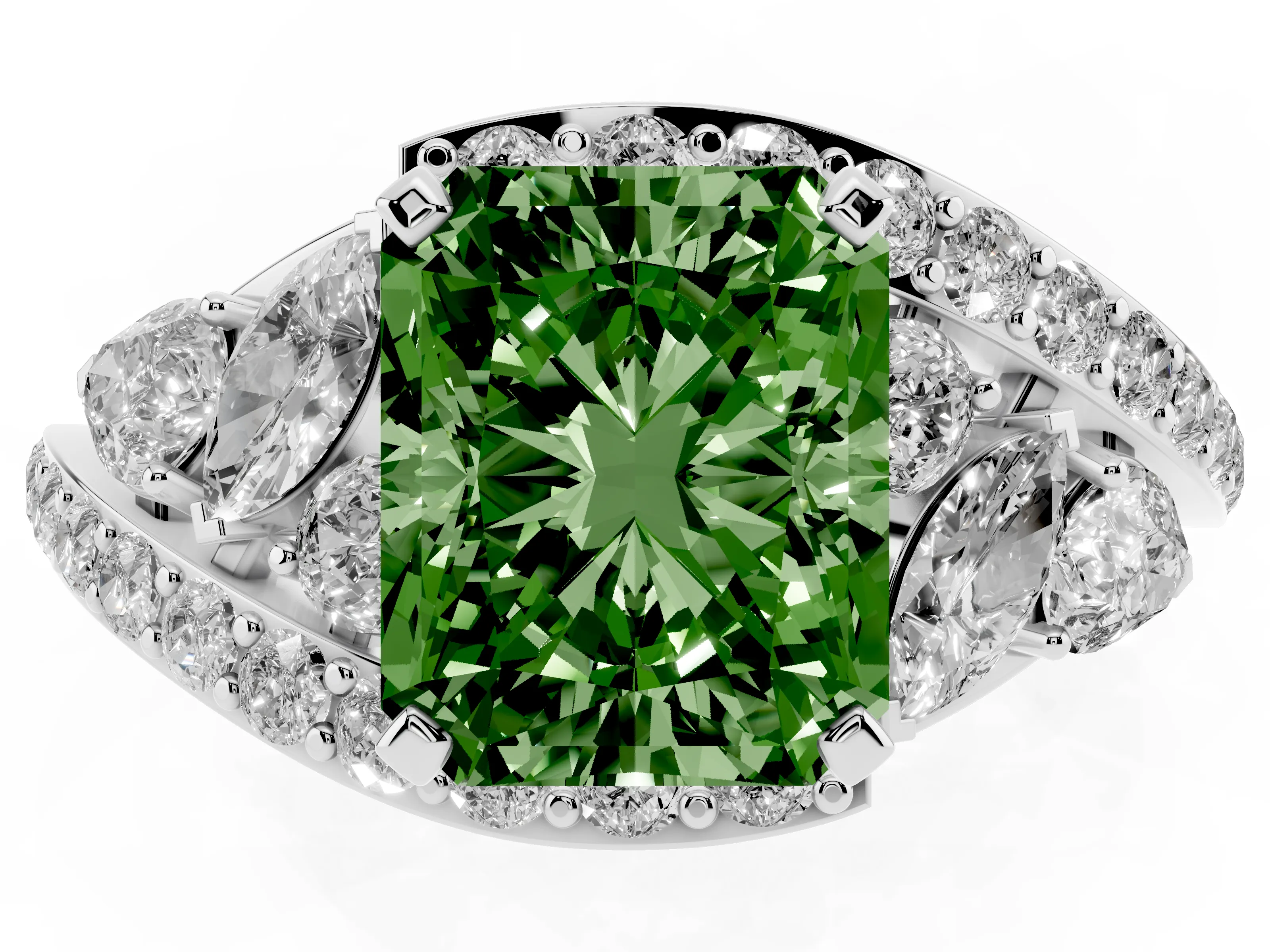 Fancy Green Radiant Cut Diamond Halo Ring Set in Silver with Marquise and Pavé Band in Prong Setting