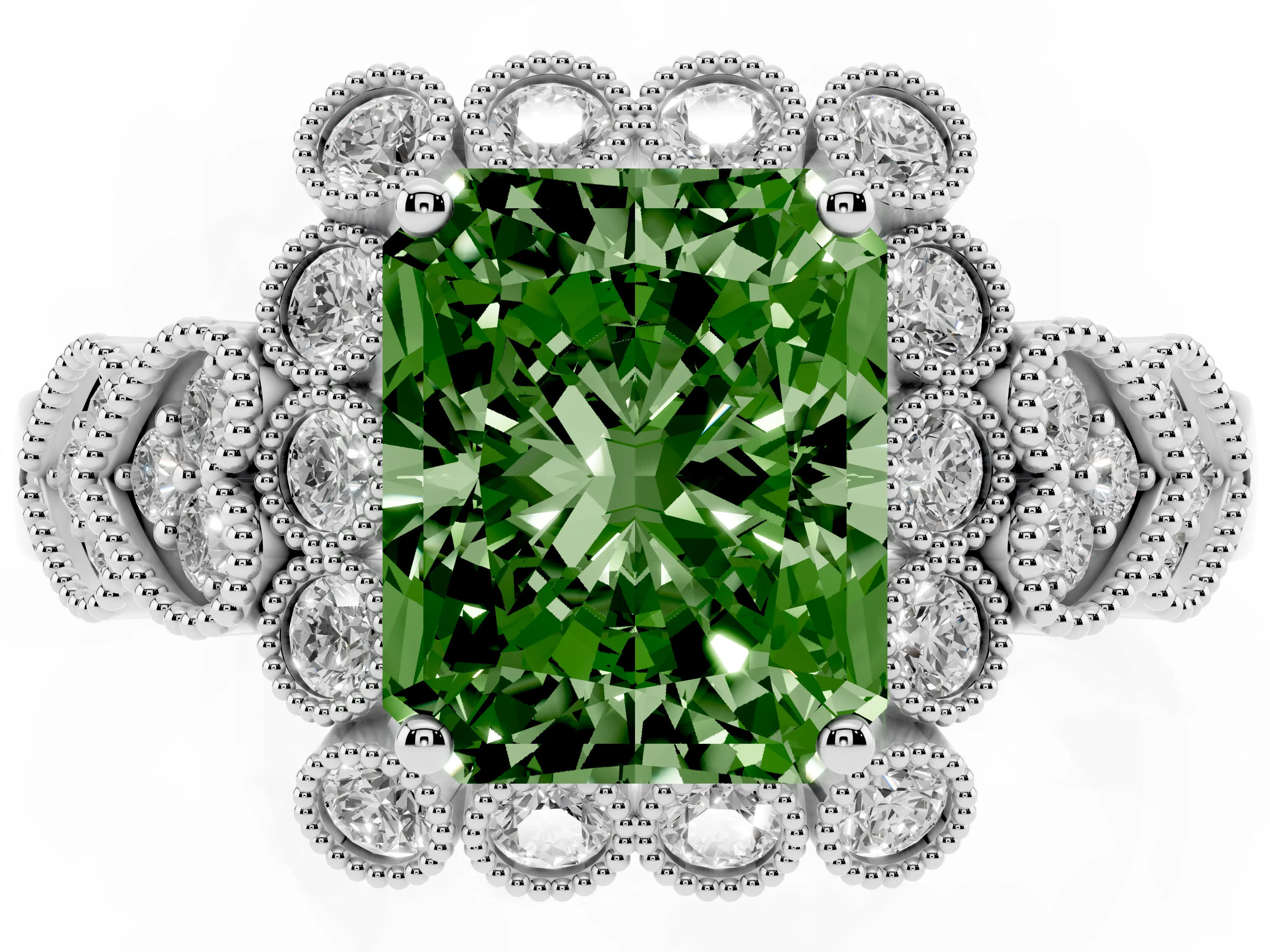 Fancy Green Radiant Cut Diamond Solitaire Ring Set in Silver with Milgrain Pavé Heart Band