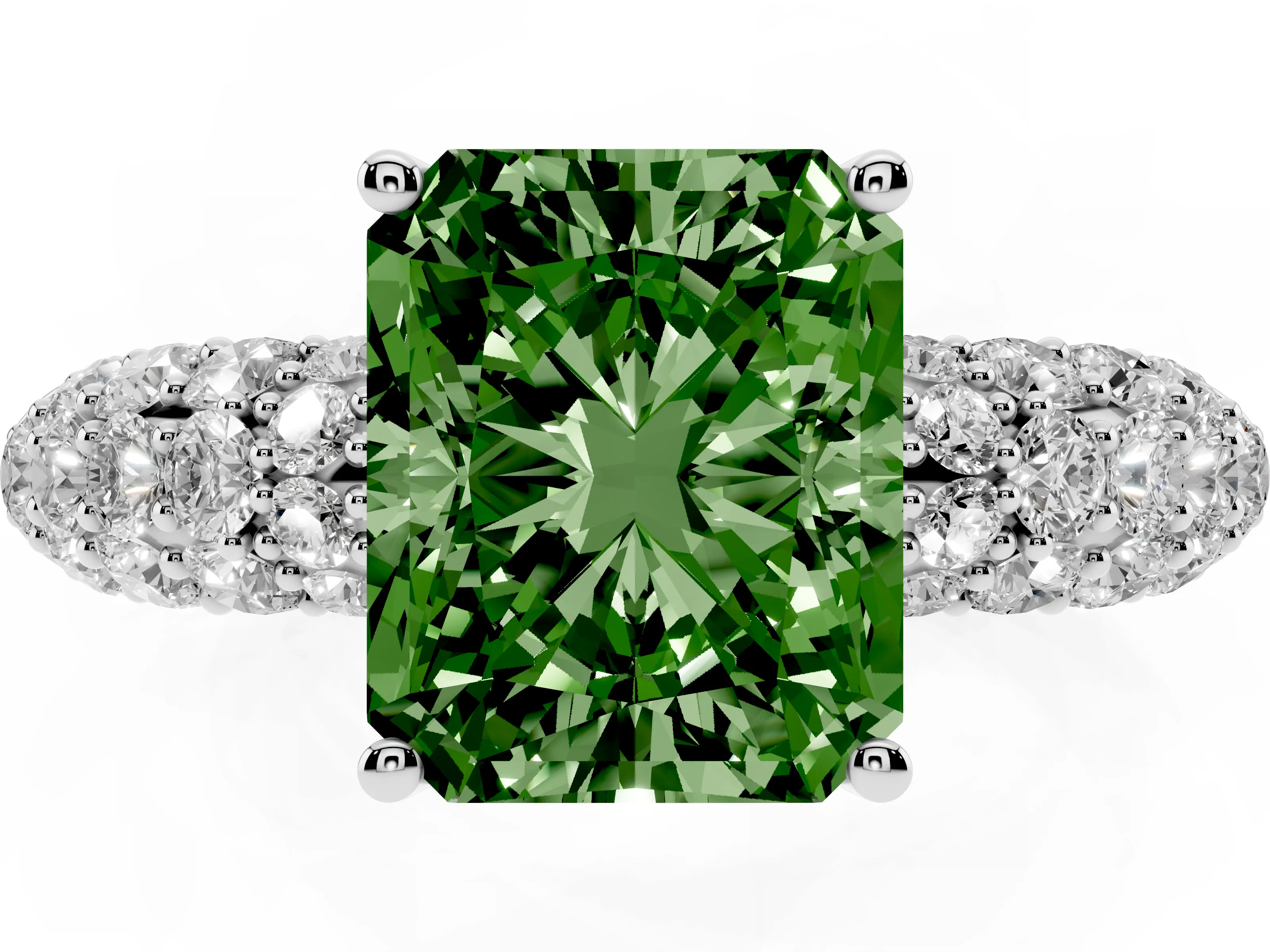 Fancy Green Radiant Cut Diamond Pavé Band Solitaire Ring Set in White gold with Close-Set Accent Stones and Prong Setting