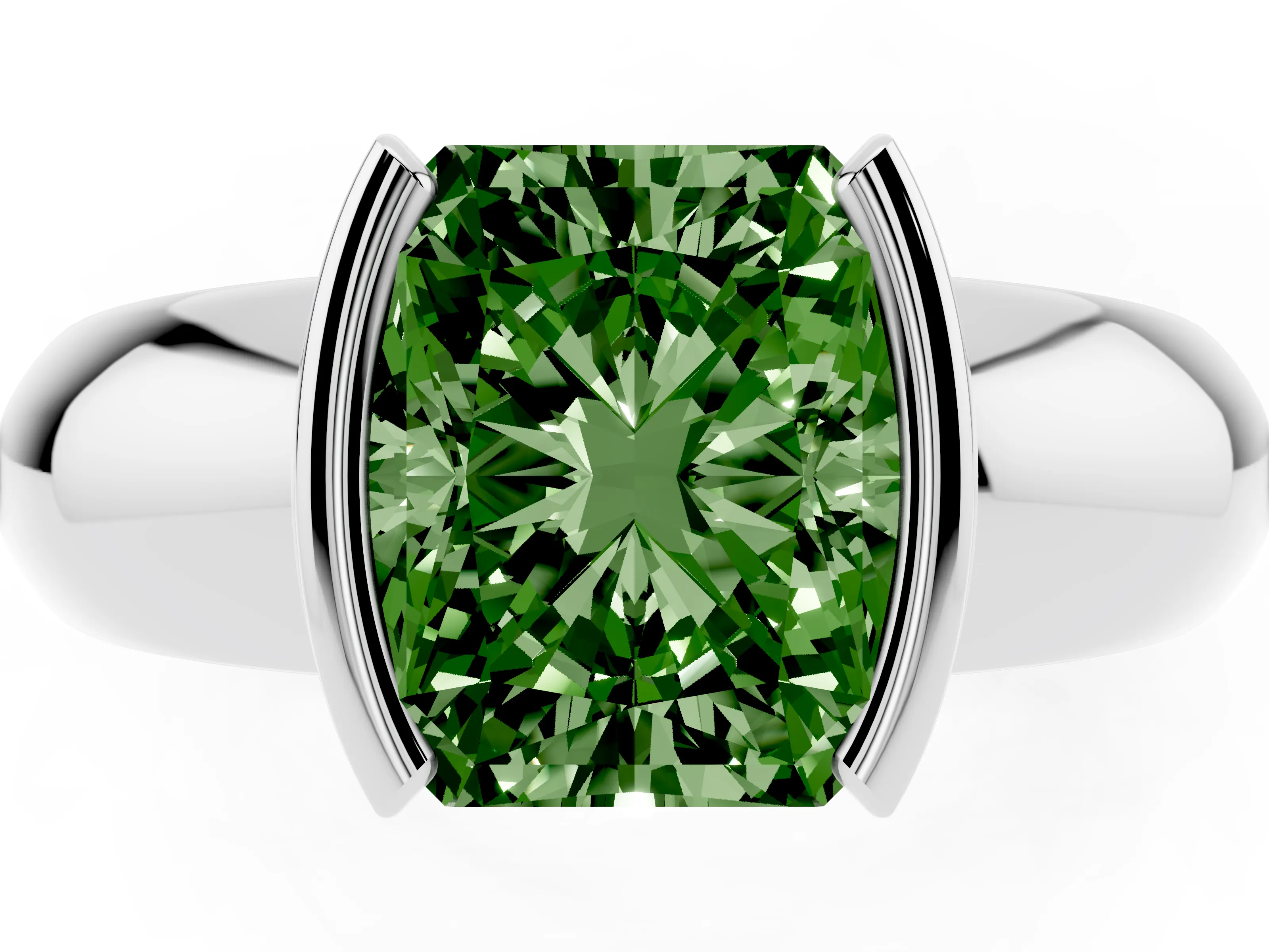 Fancy Green Radiant Cut Diamond Solitaire Tension Set Ring Set in White gold with Wide Band