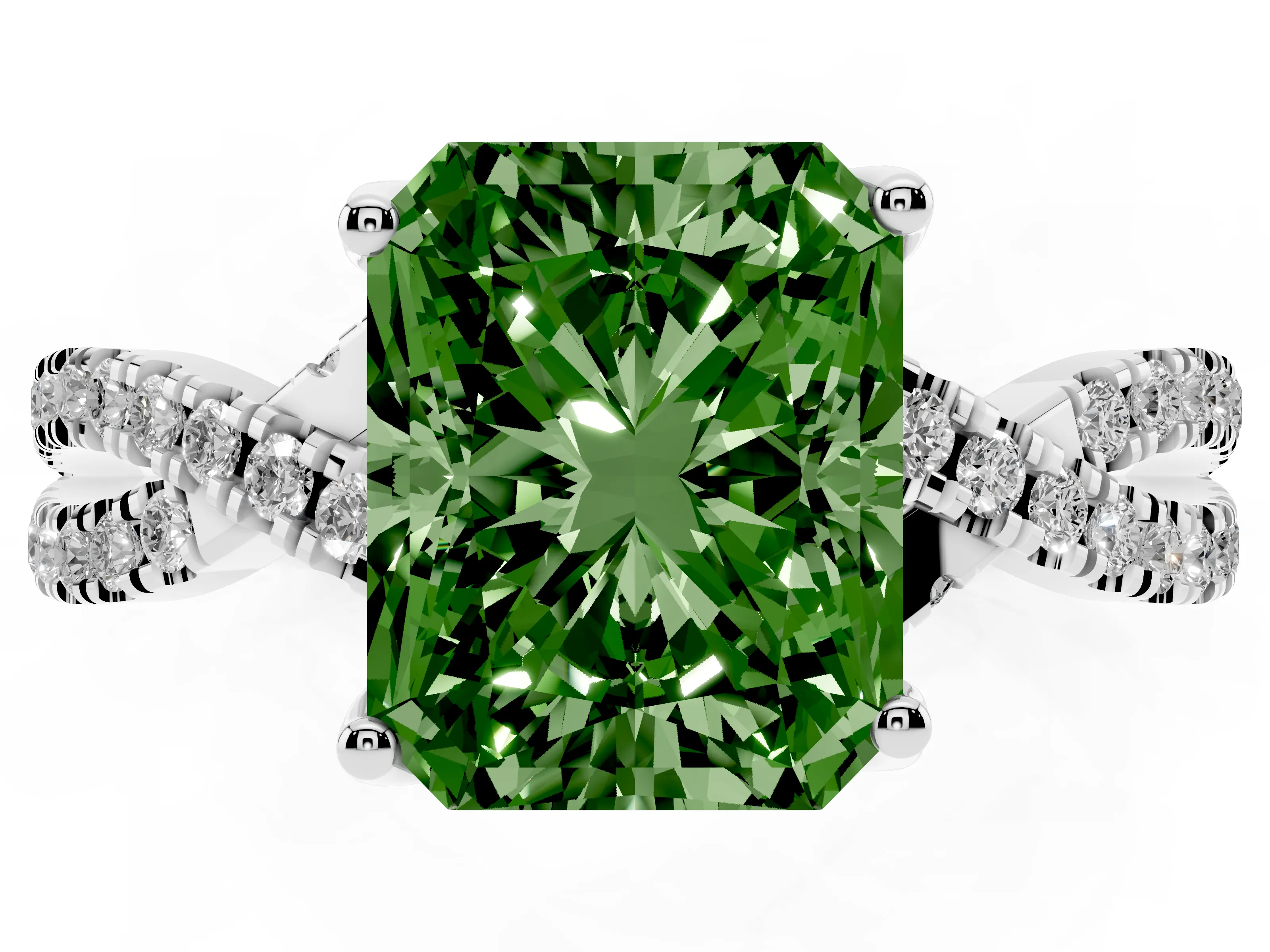 Fancy Green Radiant Cut Diamond Twist Pavé Solitaire Engagement Ring Set in Silver with Prong Setting