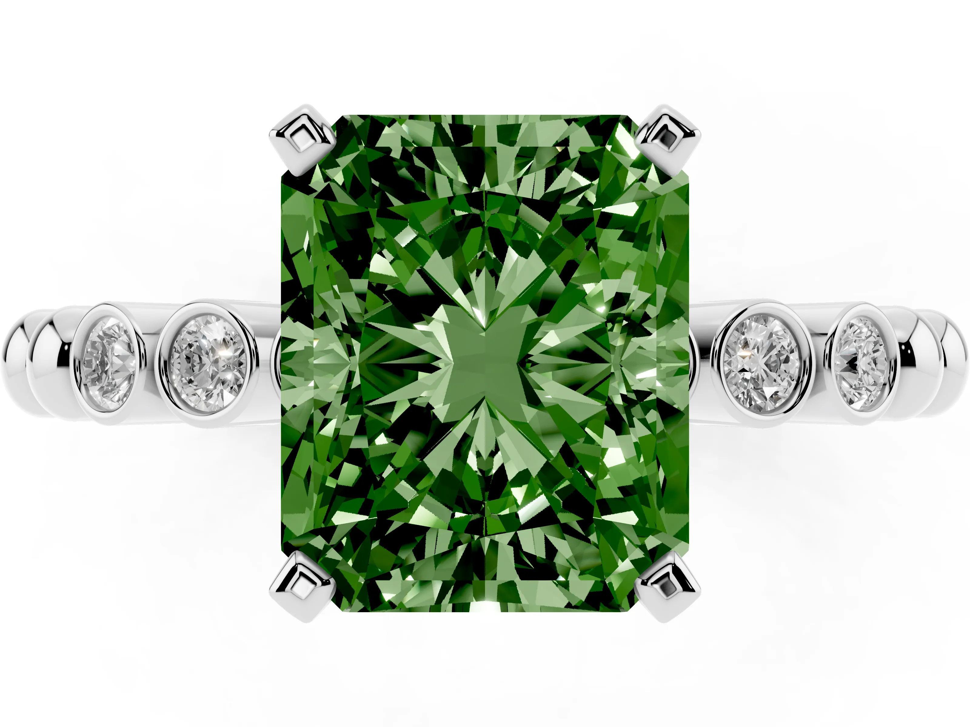 Fancy Green Radiant Cut Diamond Solitaire Engagement Ring Set in Silver with Bezel Accents on Beaded Band