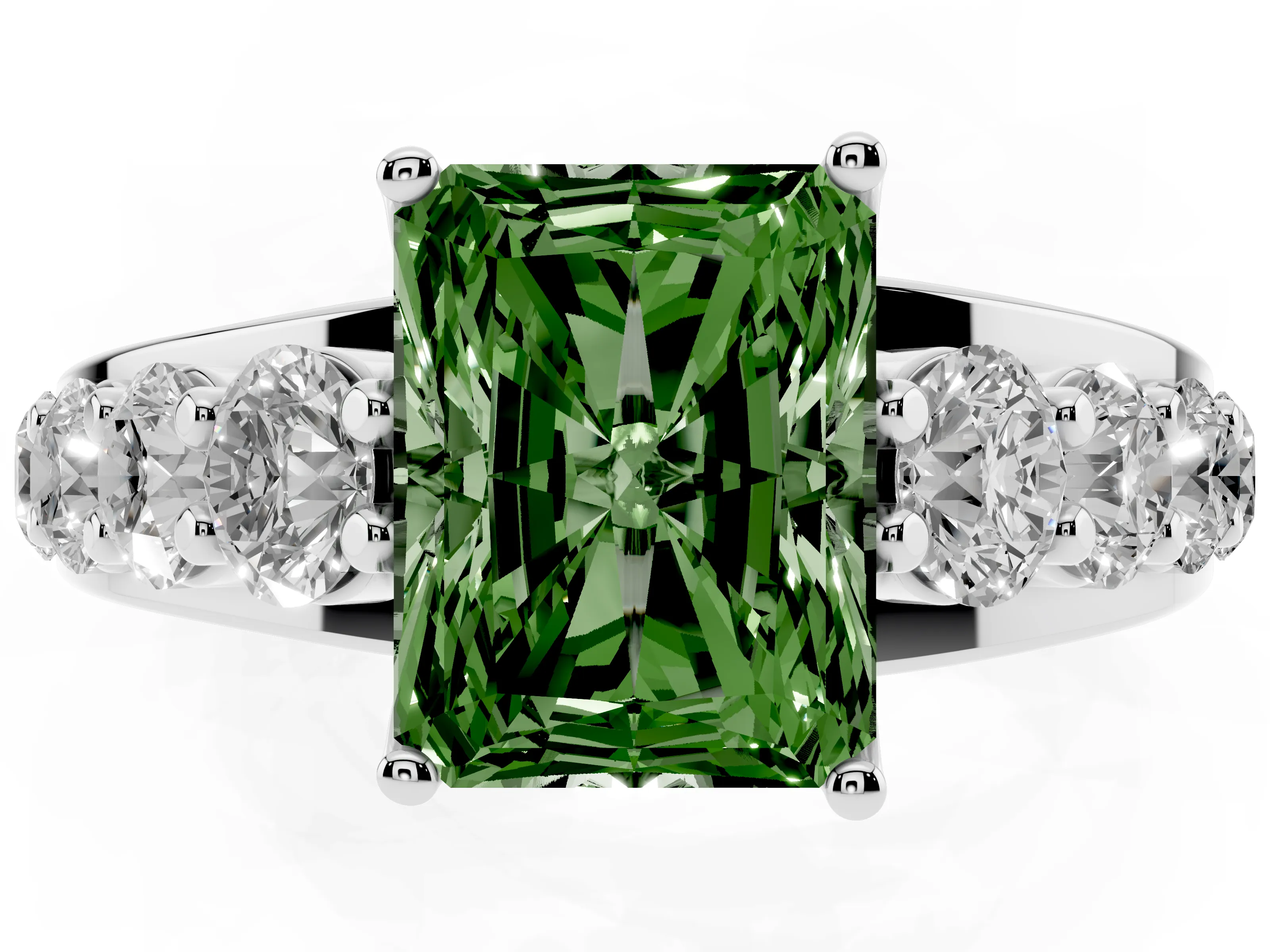 Fancy Green Radiant Cut Diamond Pavé Engagement Ring Set in Silver with Prong Setting