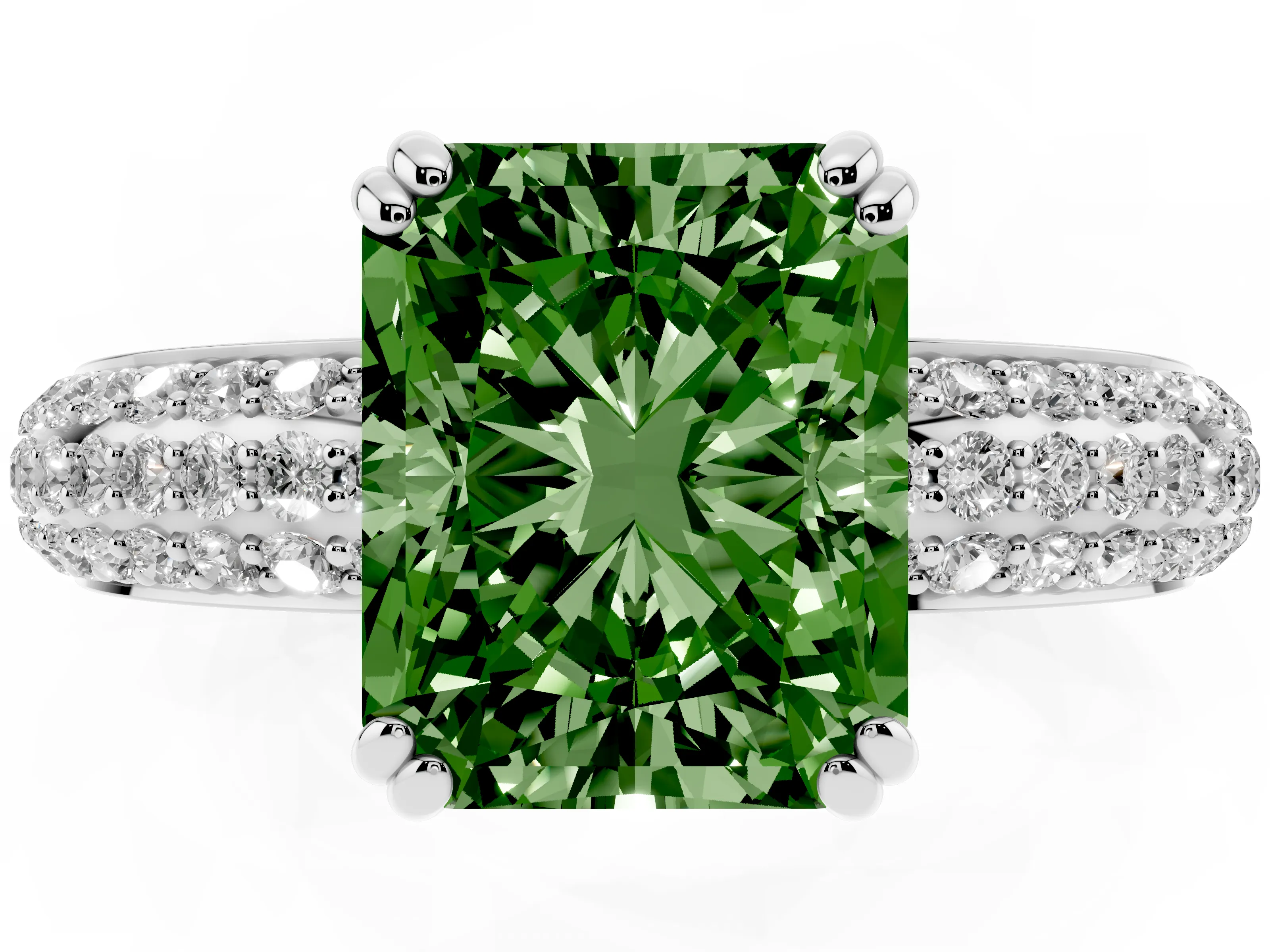 Fancy Green Radiant Cut Diamond Solitaire Ring Set in Platinum with Multi-Row Round Pavé Band and Prong Setting
